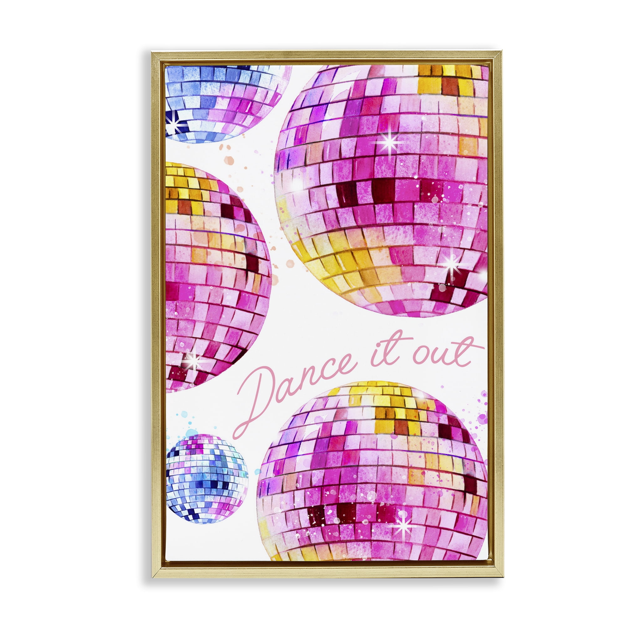 Stupell Industries Dance It Out Disco Balls Typography Painting Gold Floater Framed Art Print Wall Art, 17 x 25