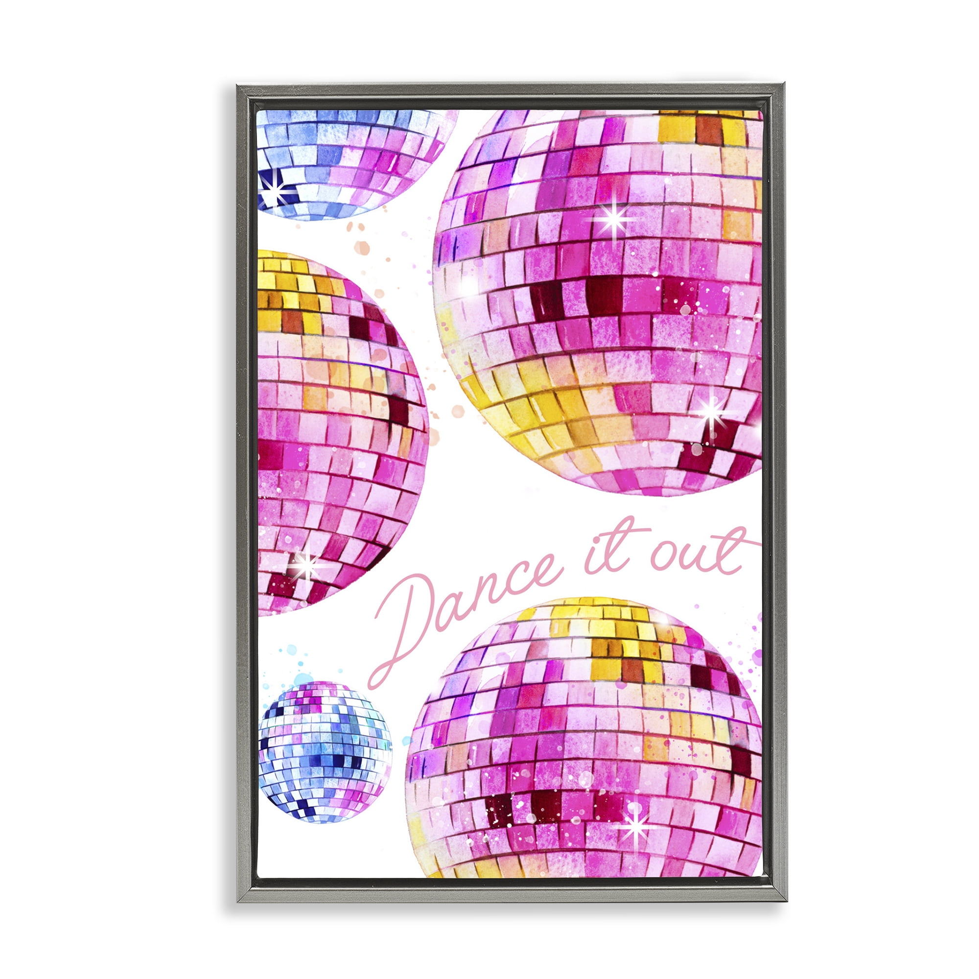 Stupell Industries Dance It Out Disco Balls Typography Painting Gray Floater Framed Art Print Wall Art, 21 x 31