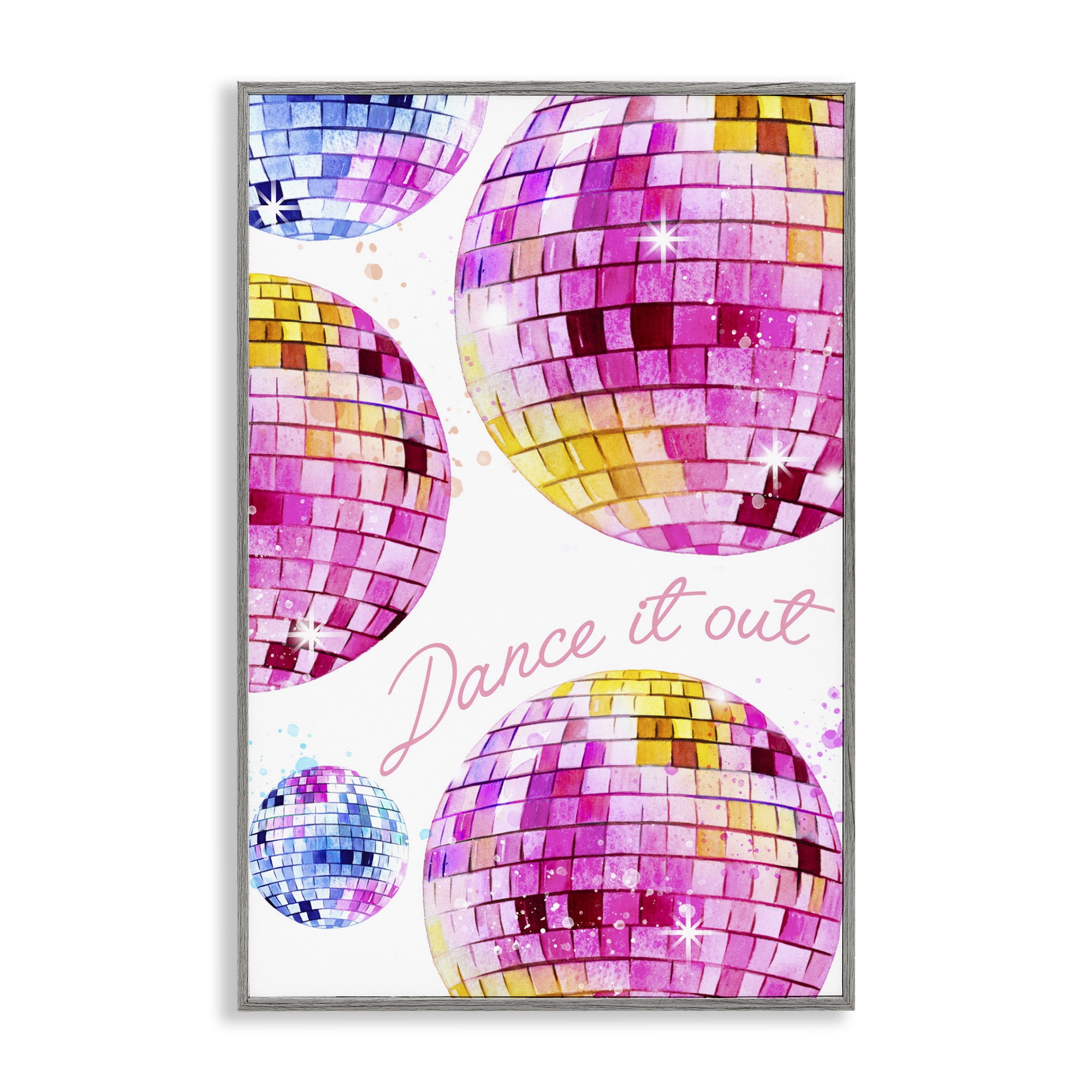Stupell Industries Dance It Out Disco Balls Typography Painting Gray Framed Art Print Wall Art, 12 x 18