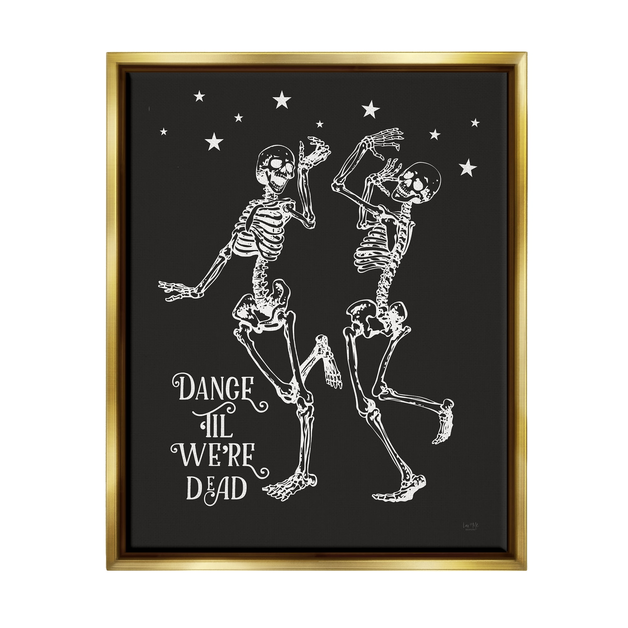 Stupell Industries Dance 'Til We're Dead Skeletons Holiday Painting Gold Floater Framed Art Print Wall Art, 17 x 21