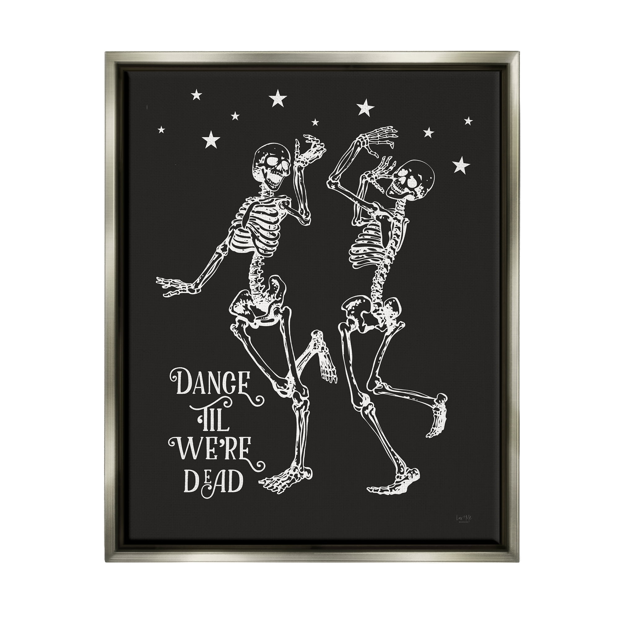 Stupell Industries Dance 'Til We're Dead Skeletons Holiday Painting Gray Floater Framed Art Print Wall Art, 25 x 31