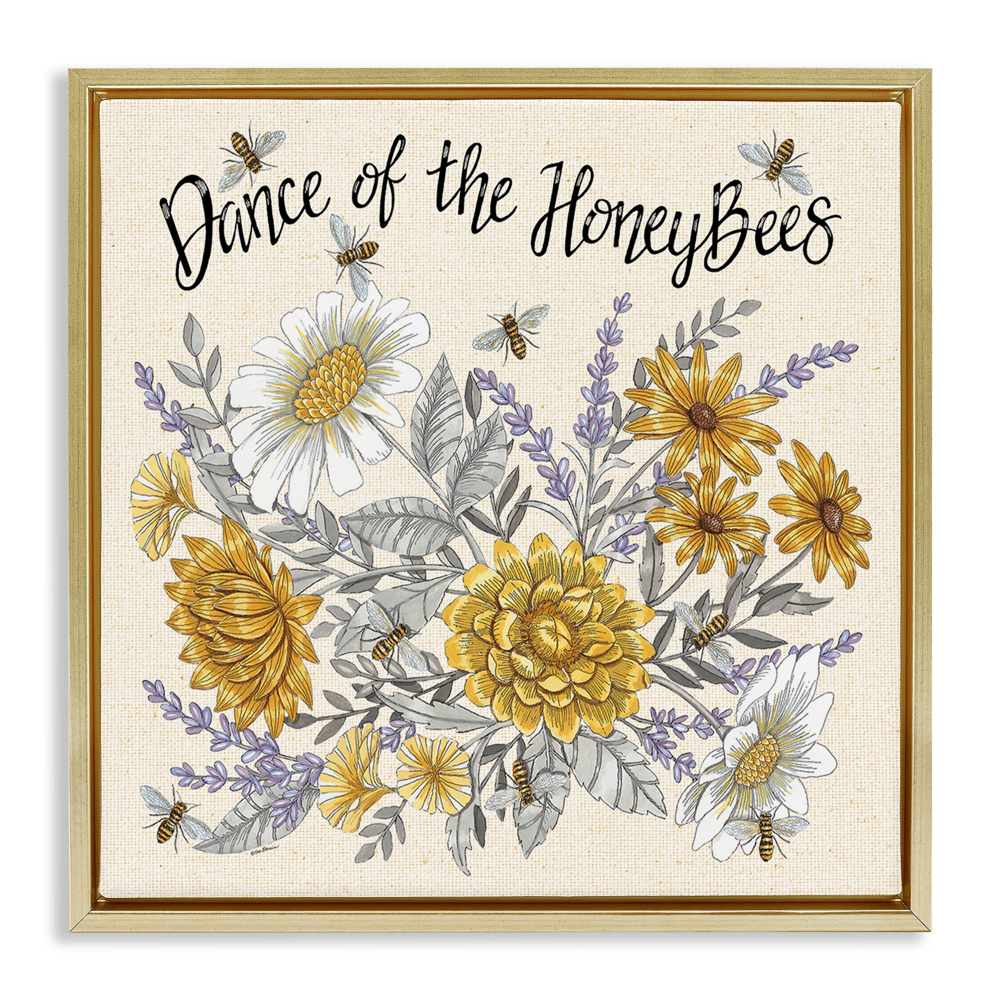 Stupell Industries Dance of Honeybees Plants & Flowers Painting Gold Floater Framed Canvas Art Print Wall Art, 25 x 25