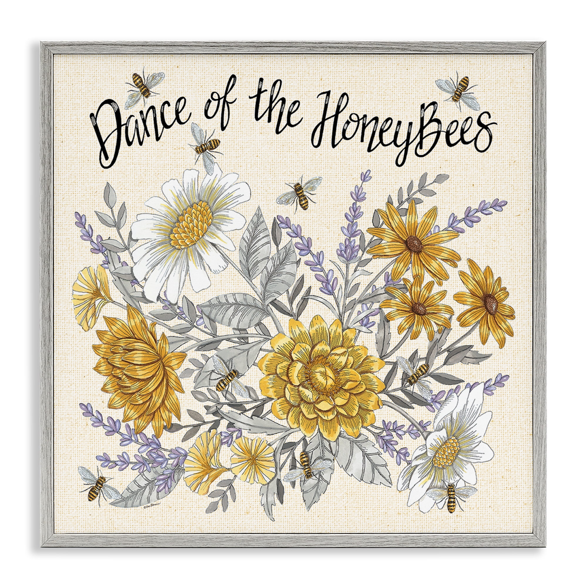 Stupell Industries Dance of Honeybees Plants & Flowers Painting Gray Framed Art Print Wall Art, 17 x 17