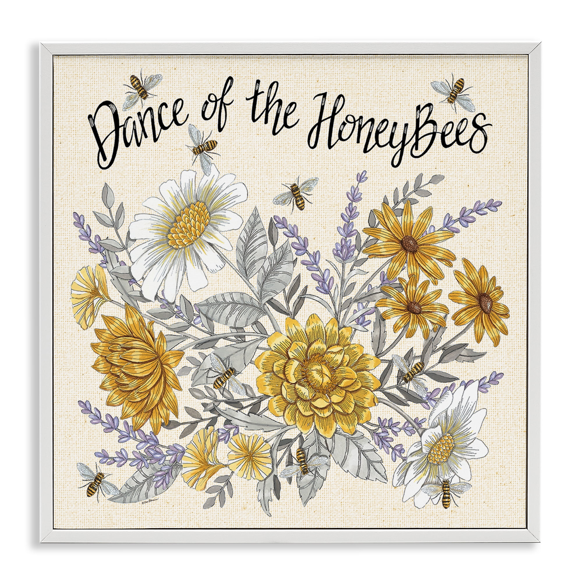 Stupell Industries Dance of Honeybees Plants & Flowers Painting White Framed Art Print Wall Art, 17 x 17