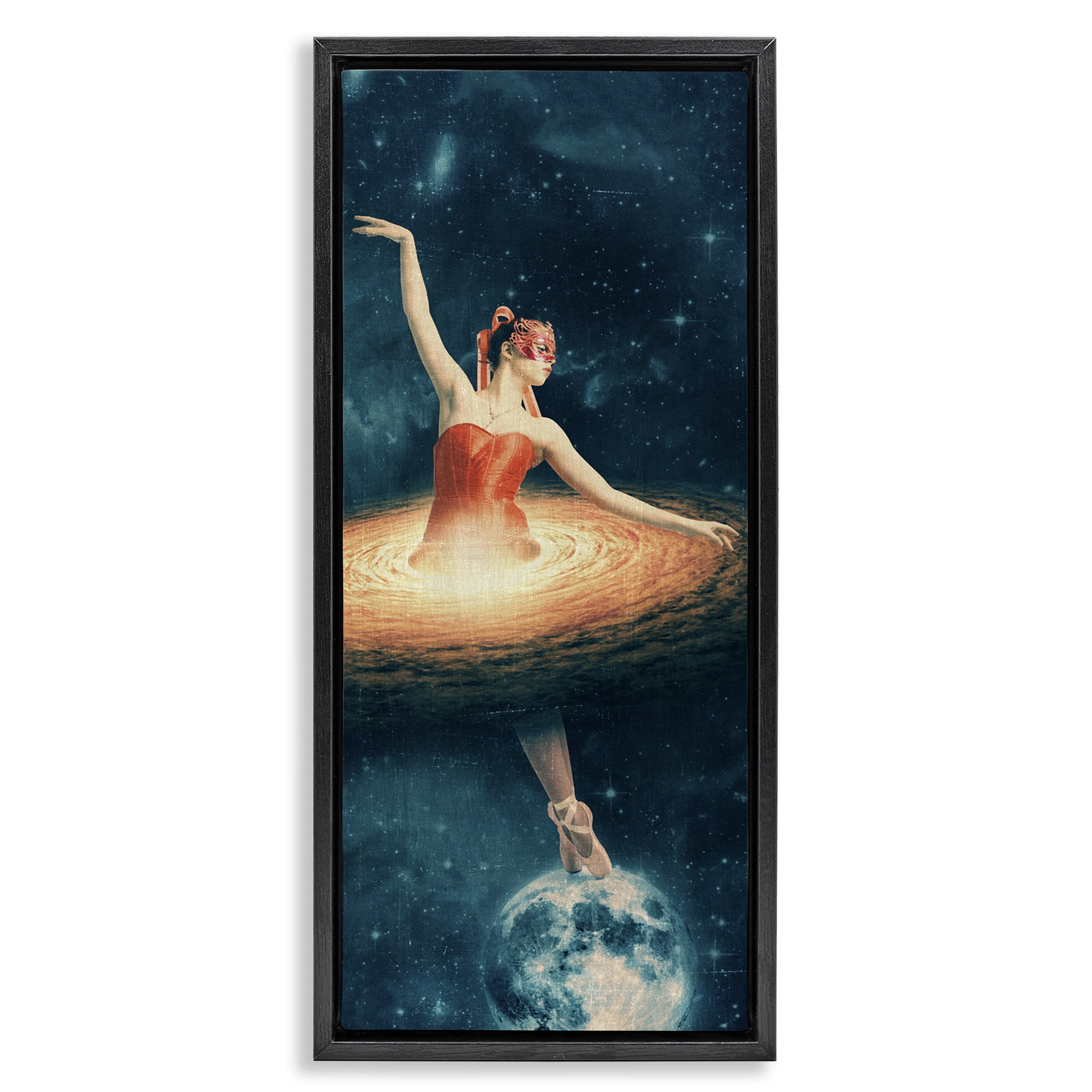Stupell Industries Dancing Ballerina Surreal Nebula Dress Abstract Painting Black Floater Framed Canvas Art Print Wall Art, 11 x 25