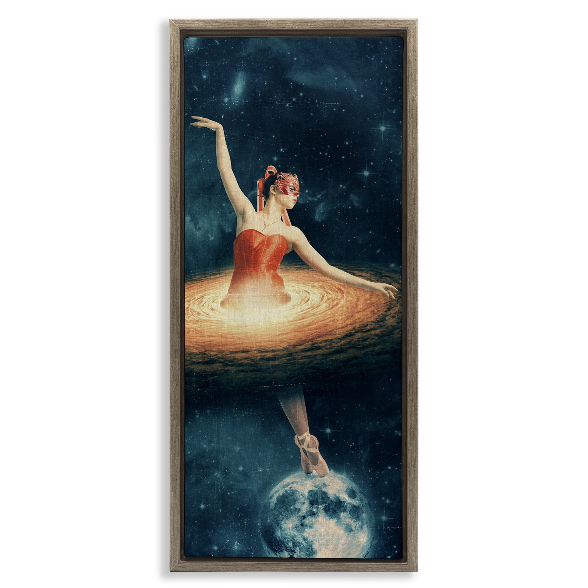 Stupell Industries Dancing Ballerina Surreal Nebula Dress Abstract Painting Brown Floater Framed Canvas Art Print Wall Art, 11 x 25