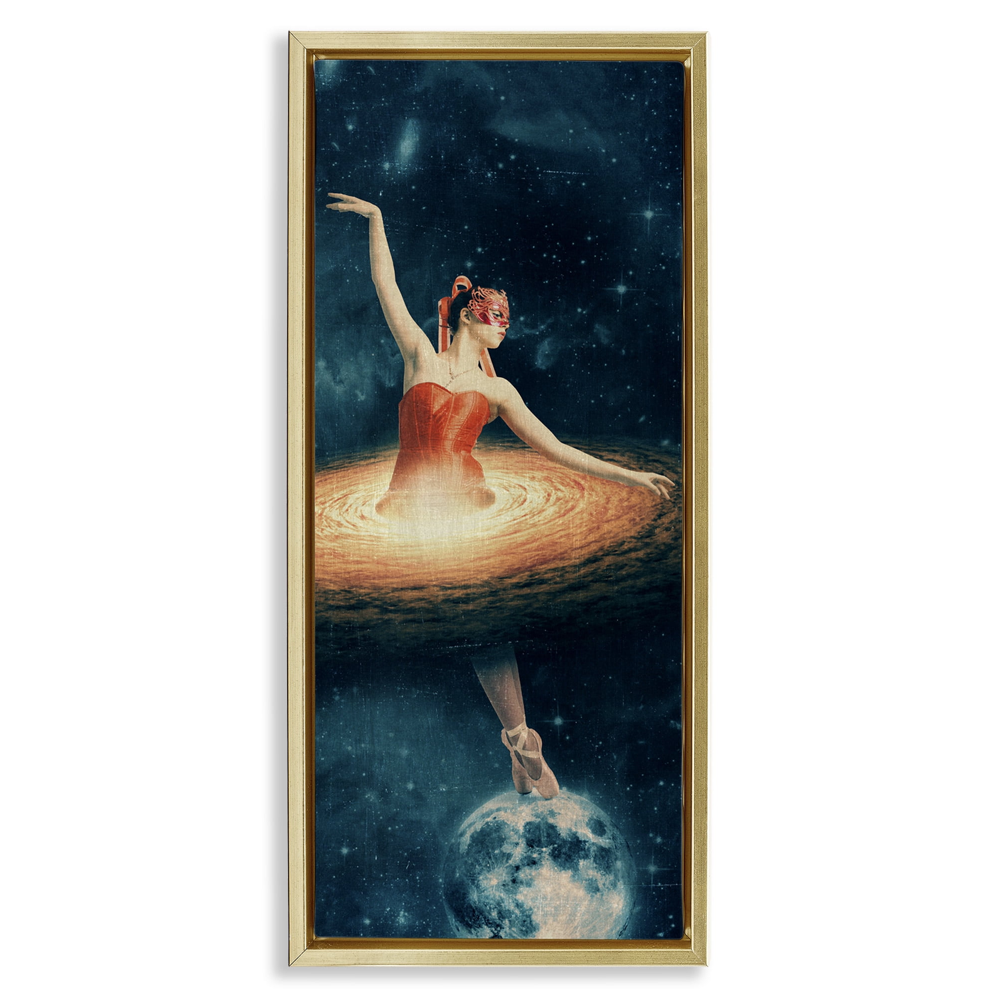 Stupell Industries Dancing Ballerina Surreal Nebula Dress Abstract Painting Gold Floater Framed Canvas Art Print Wall Art, 11 x 25