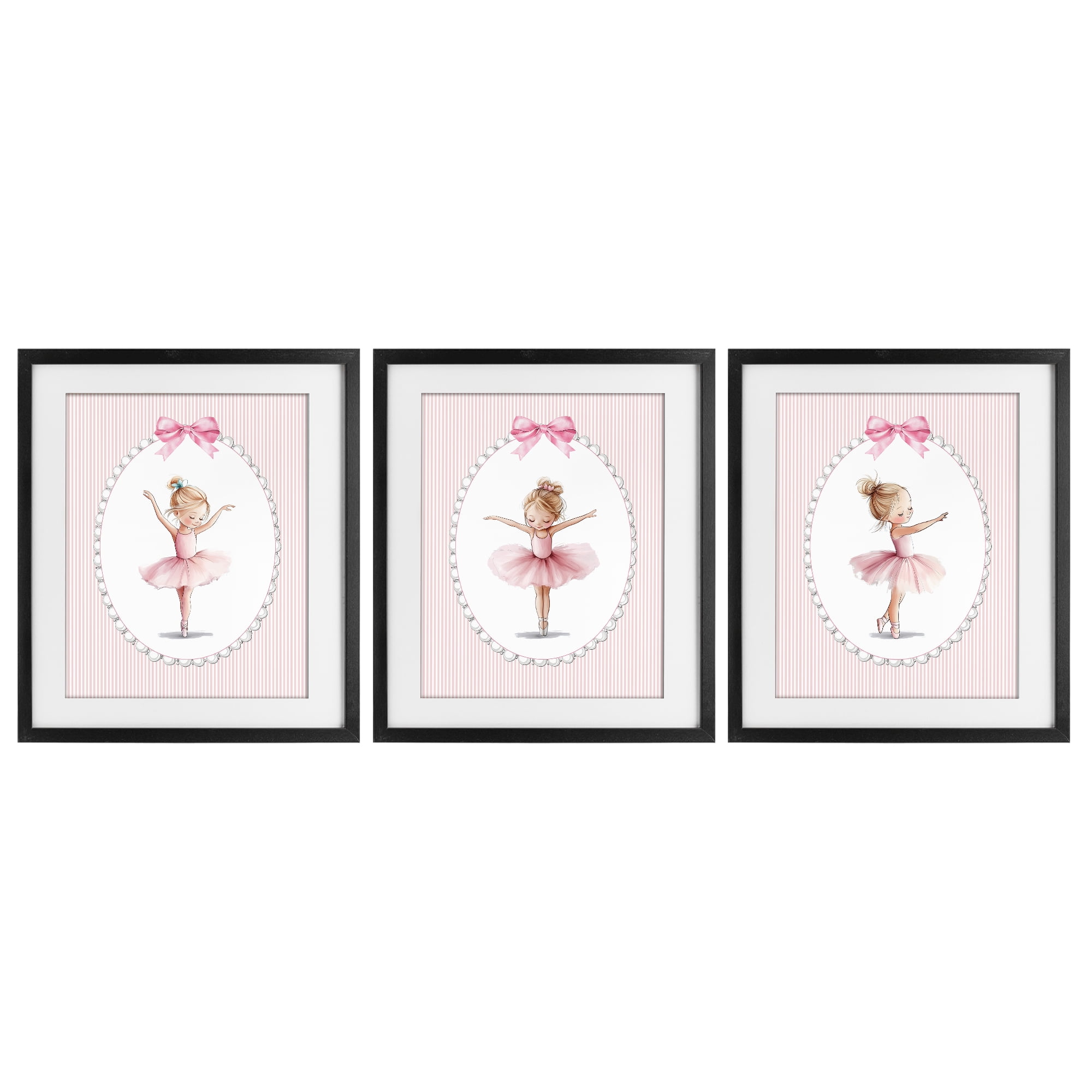 Stupell Industries Dancing Ballerinas in Pink 3 Piece Black Framed Print Under Glass Set, design by Christine Simpson Art