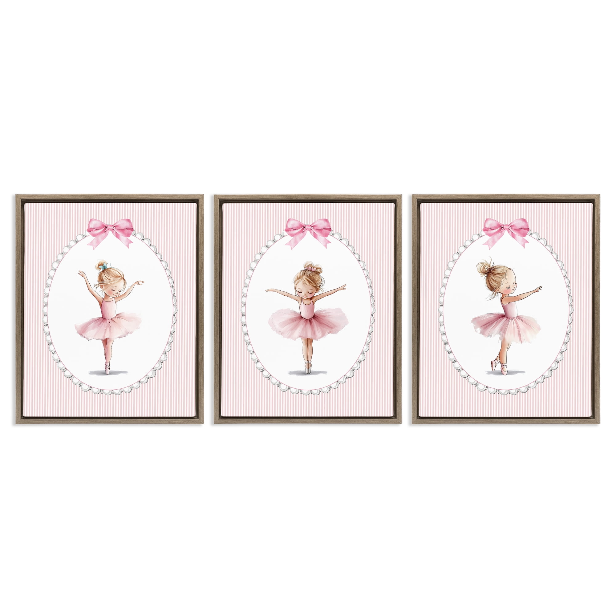 Stupell Industries Dancing Ballerinas in Pink 3 Piece Brown Framed Floater Canvas Set, design by Christine Simpson Art