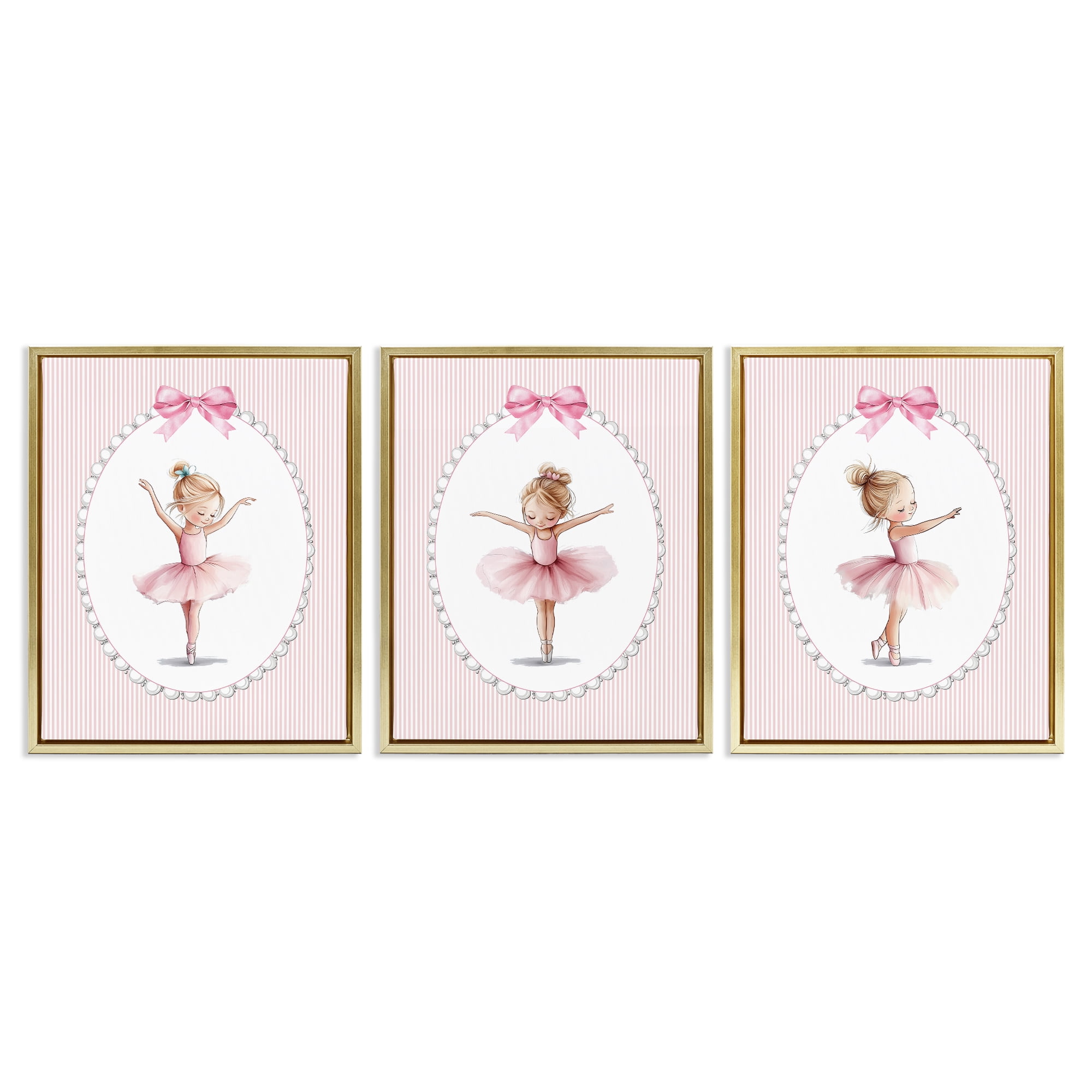 Stupell Industries Dancing Ballerinas in Pink 3 Piece Gold Framed Floater Canvas Set, design by Christine Simpson Art