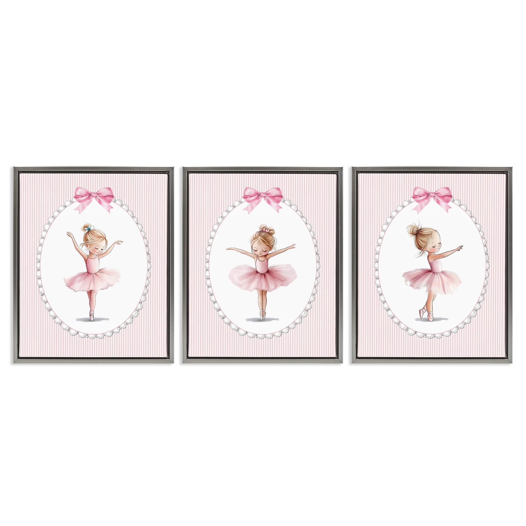 Stupell Industries Dancing Ballerinas in Pink 3 Piece Gray Framed Floater Canvas Set, design by Christine Simpson Art