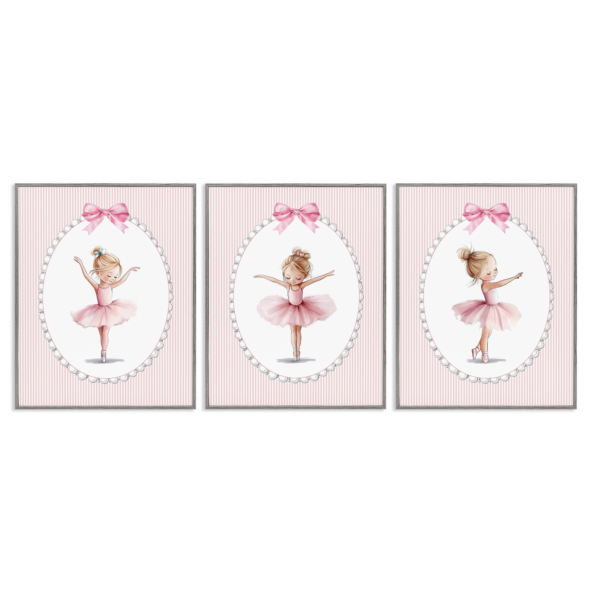Stupell Industries Dancing Ballerinas in Pink 3 Piece Gray Framed Giclee Art Set, design by Christine Simpson Art
