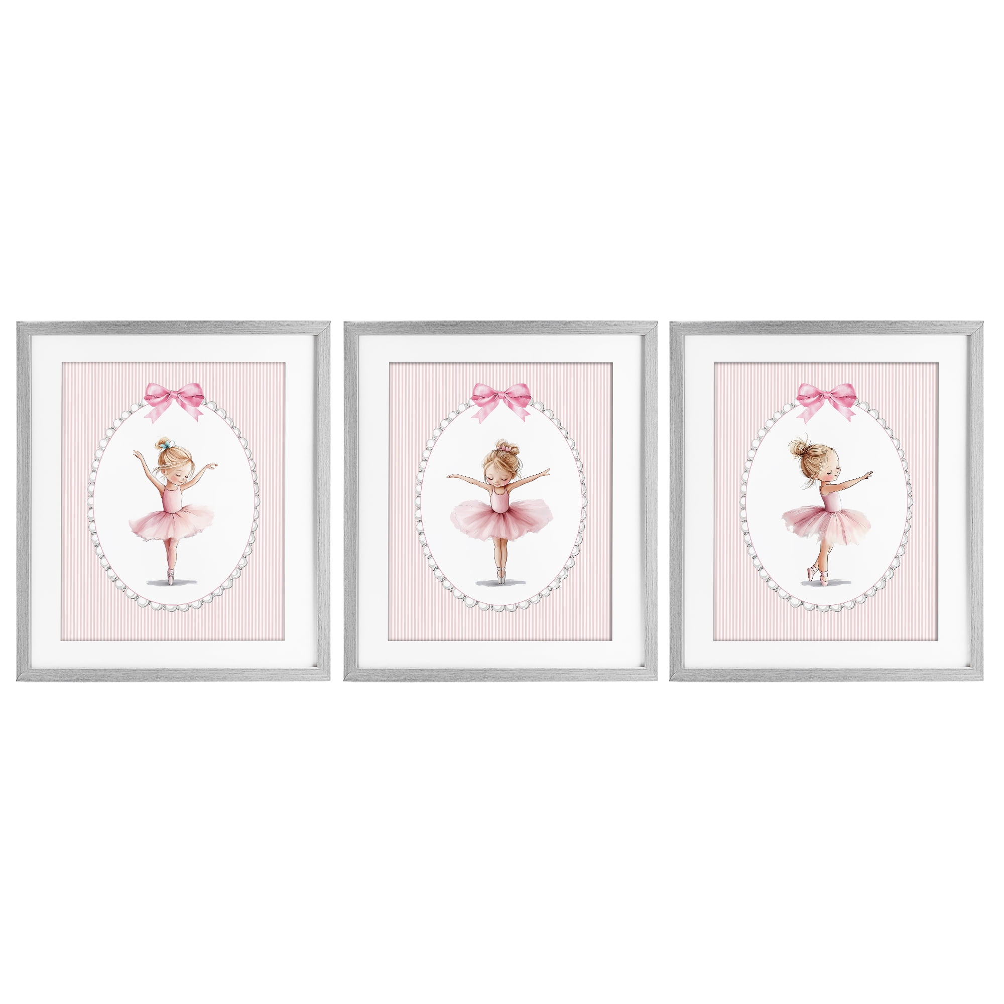 Stupell Industries Dancing Ballerinas in Pink 3 Piece Gray Framed Print Under Glass Set, design by Christine Simpson Art