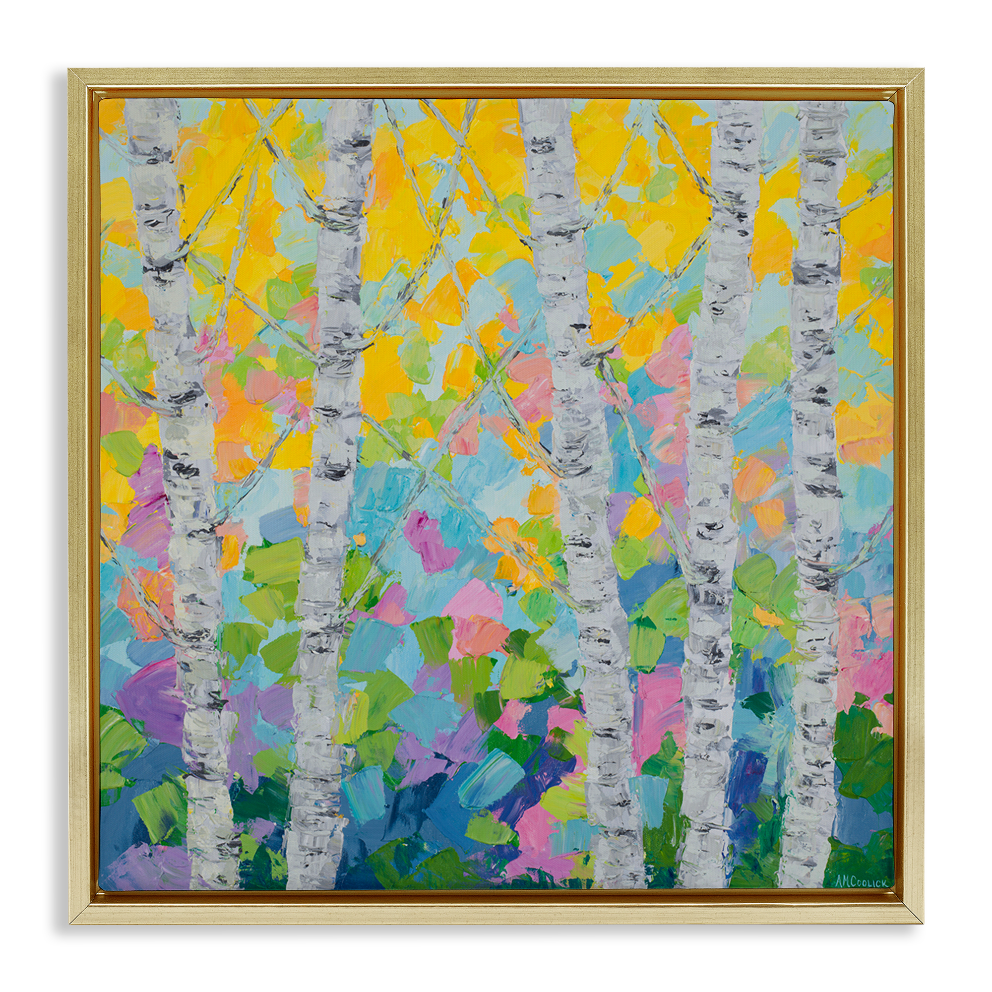 Stupell Industries Dancing Birch Tree Forest Landscape & Nature Painting Gold Floater Framed Canvas Art Print Wall Art, 25 x 25