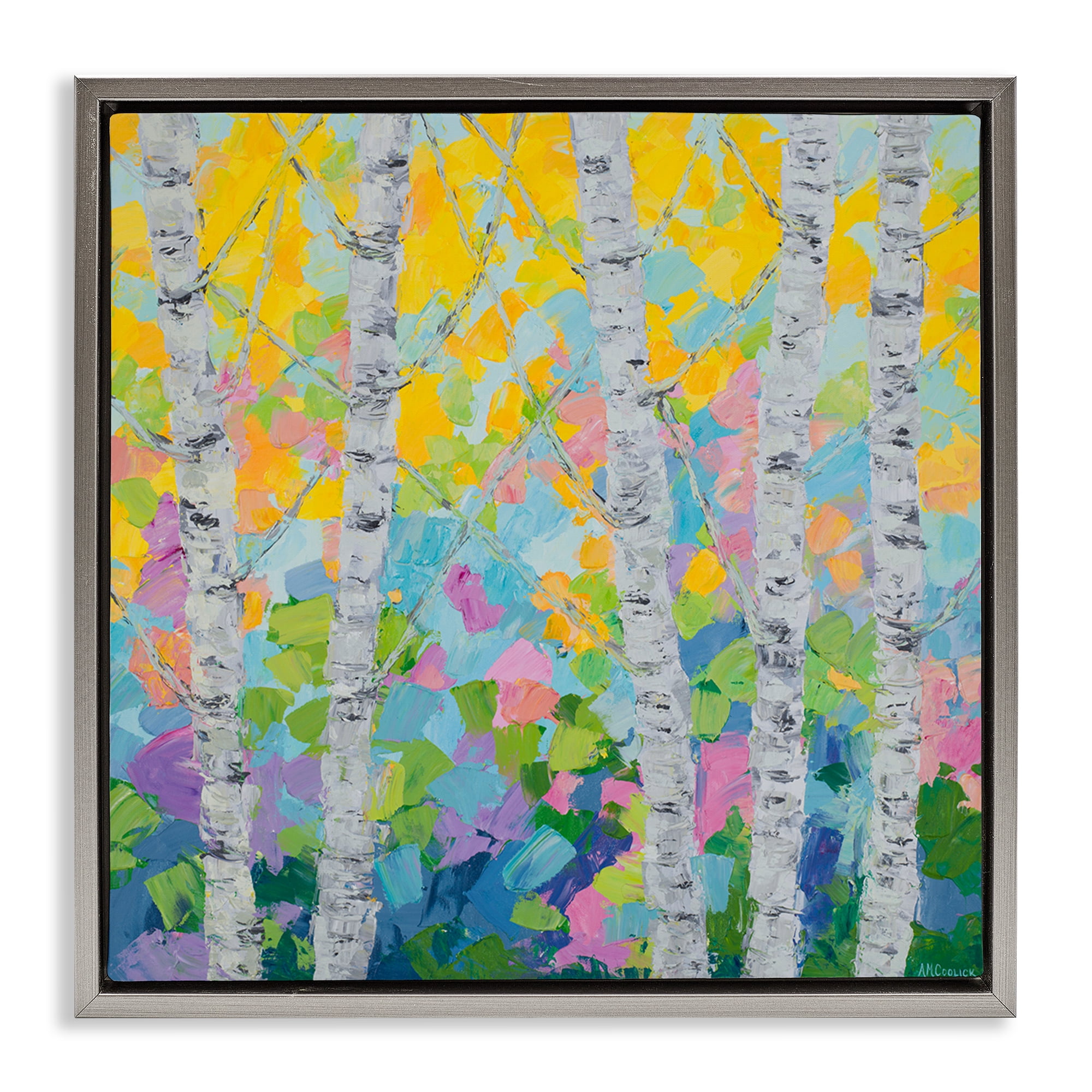 Stupell Industries Dancing Birch Tree Forest Landscape & Nature Painting Gray Floater Framed Canvas Art Print Wall Art, 25 x 25