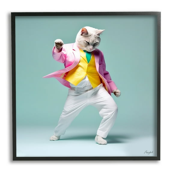 Stupell Industries Dancing Cat Portrait Animals & Insects Painting Black Framed Art Print Wall Art, 12 x 12