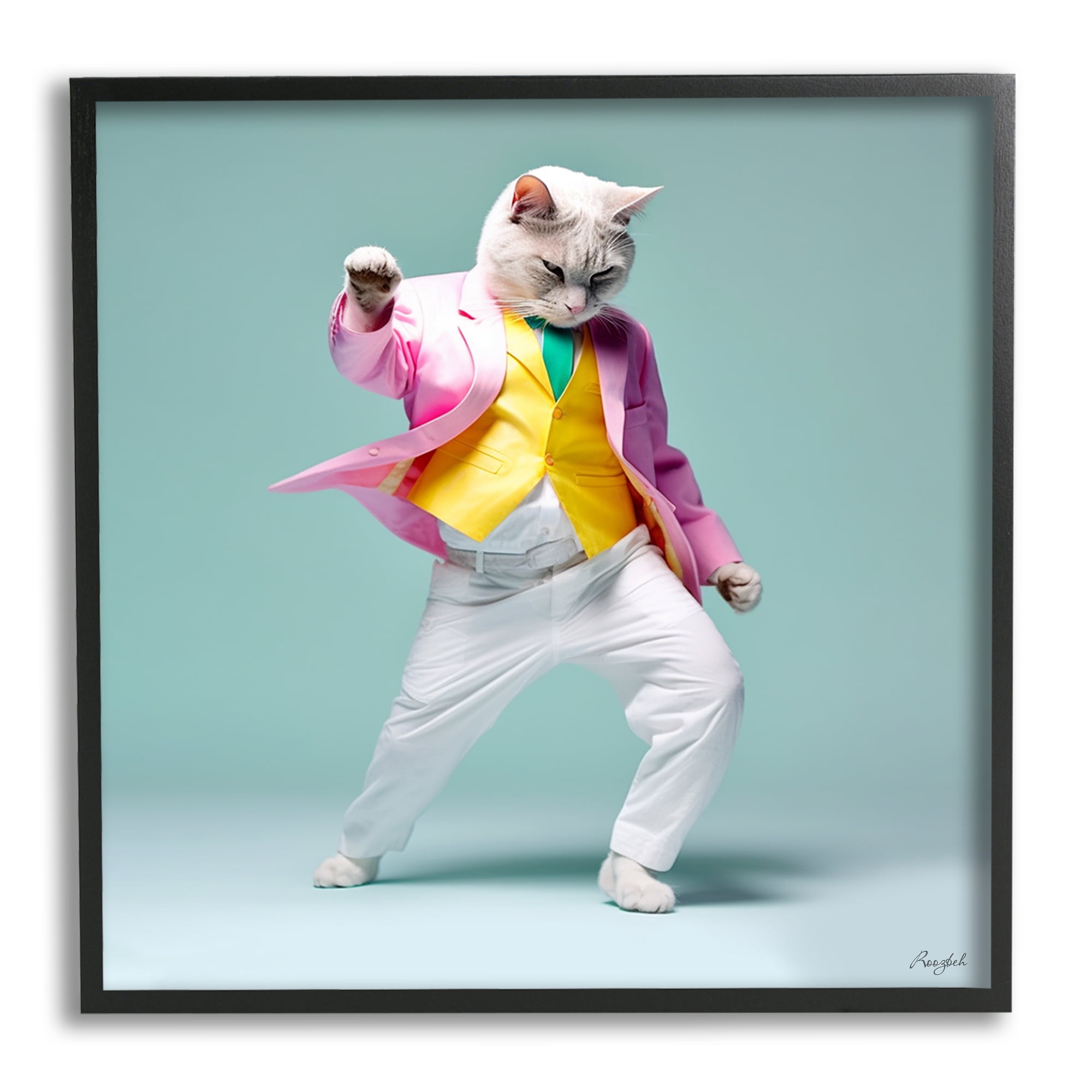 Stupell Industries Dancing Cat Portrait Animals & Insects Painting Black Framed Art Print Wall Art, 24 x 24