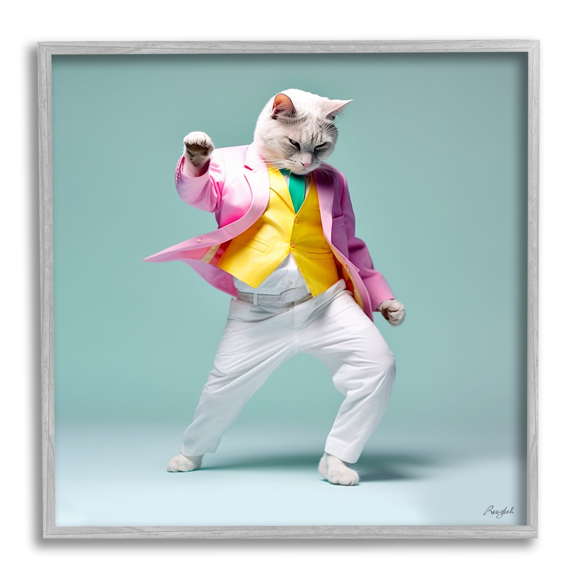 Stupell Industries Dancing Cat Portrait Animals & Insects Painting Gray Framed Art Print Wall Art, 24 x 24