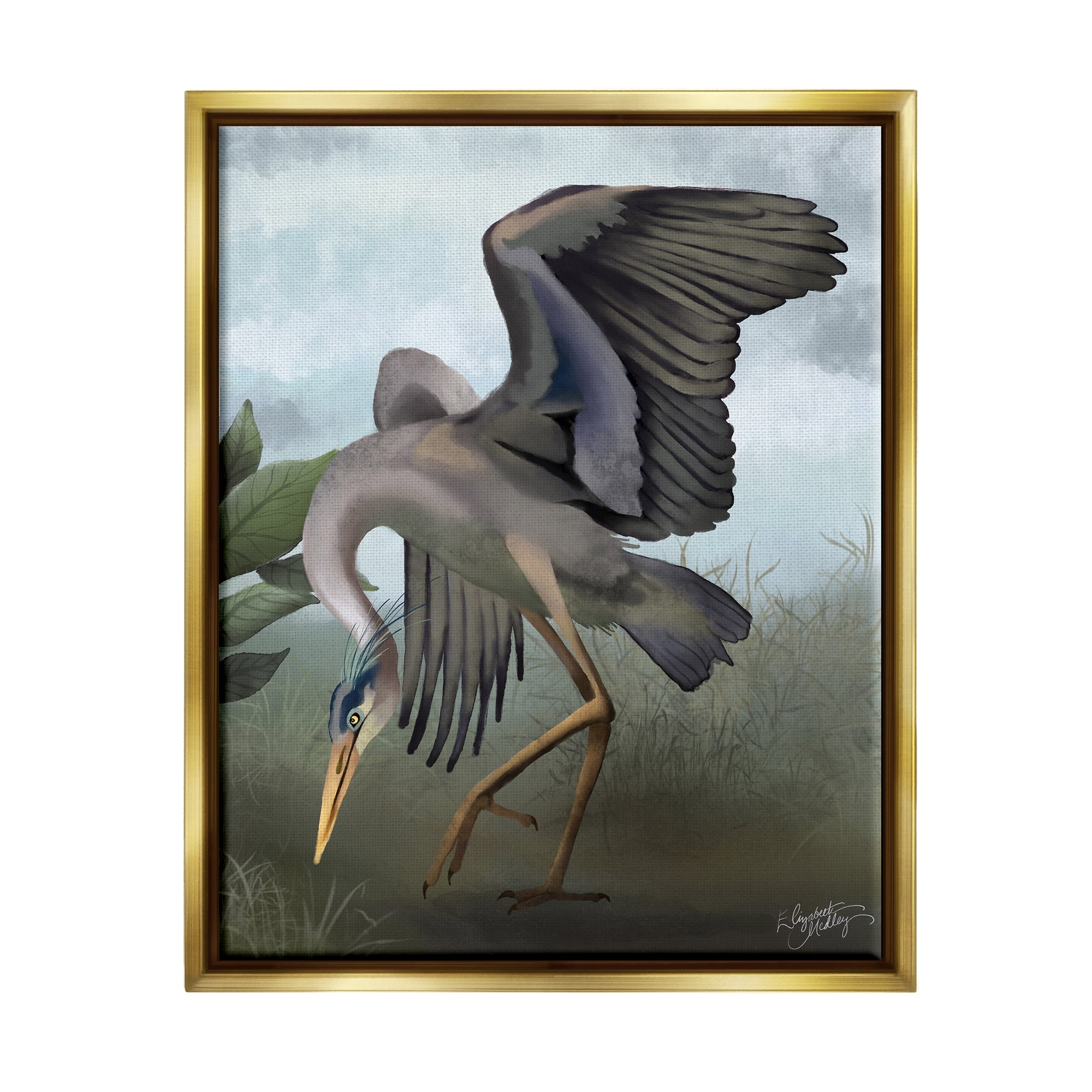 Stupell Industries Dancing Crane Portrait Animals & Insects Painting Gold Floater Framed Canvas Art Print Wall Art, 25 x 31