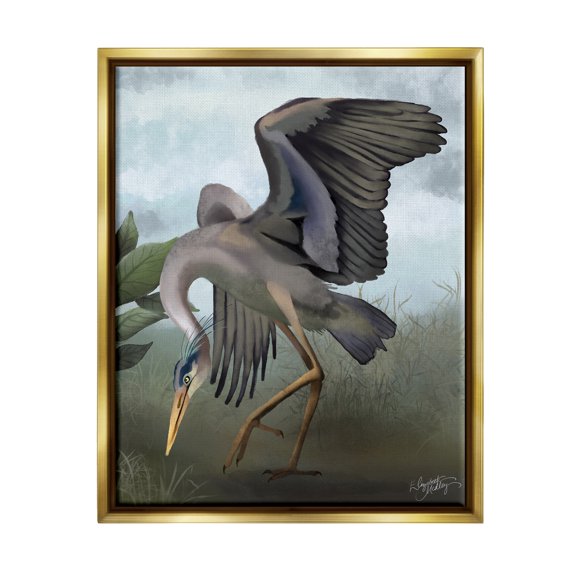 Stupell Industries Dancing Crane Portrait Animals & Insects Painting Gold Floater Framed Canvas Art Print Wall Art, 25 x 31