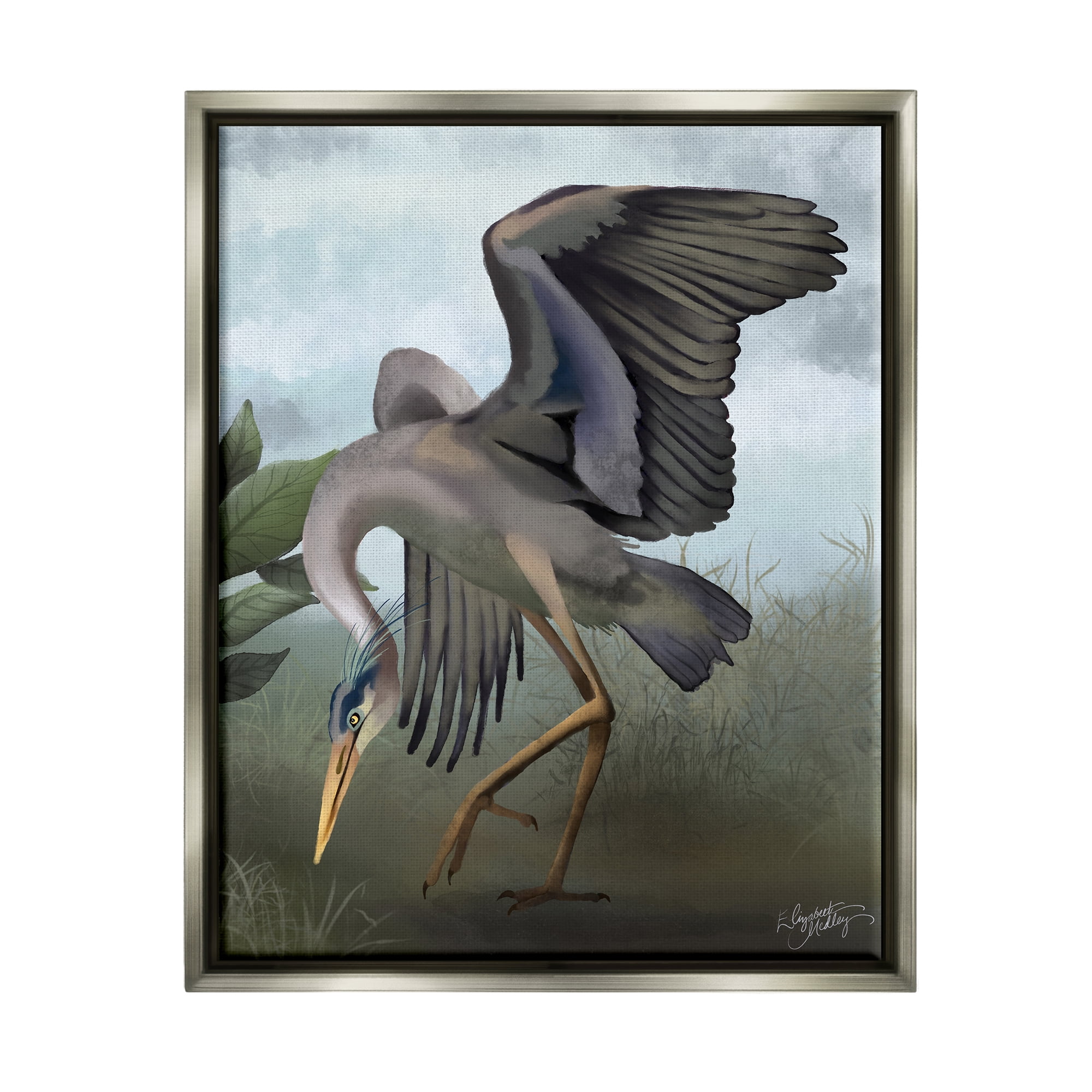 Stupell Industries Dancing Crane Portrait Animals & Insects Painting Gray Floater Framed Canvas Art Print Wall Art, 25 x 31