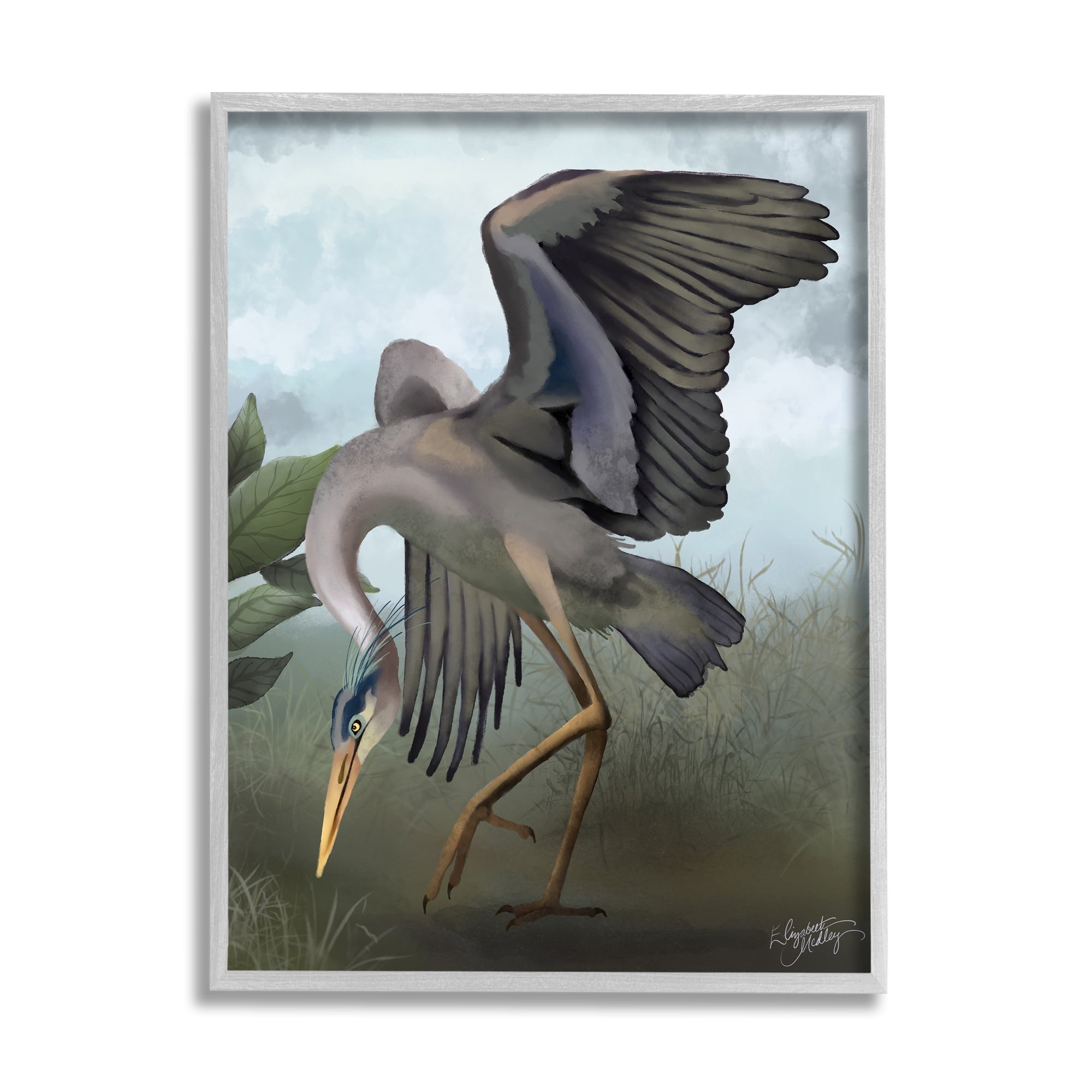 Stupell Industries Dancing Crane Portrait Animals & Insects Painting Gray Framed Art Print Wall Art, 11 x 14