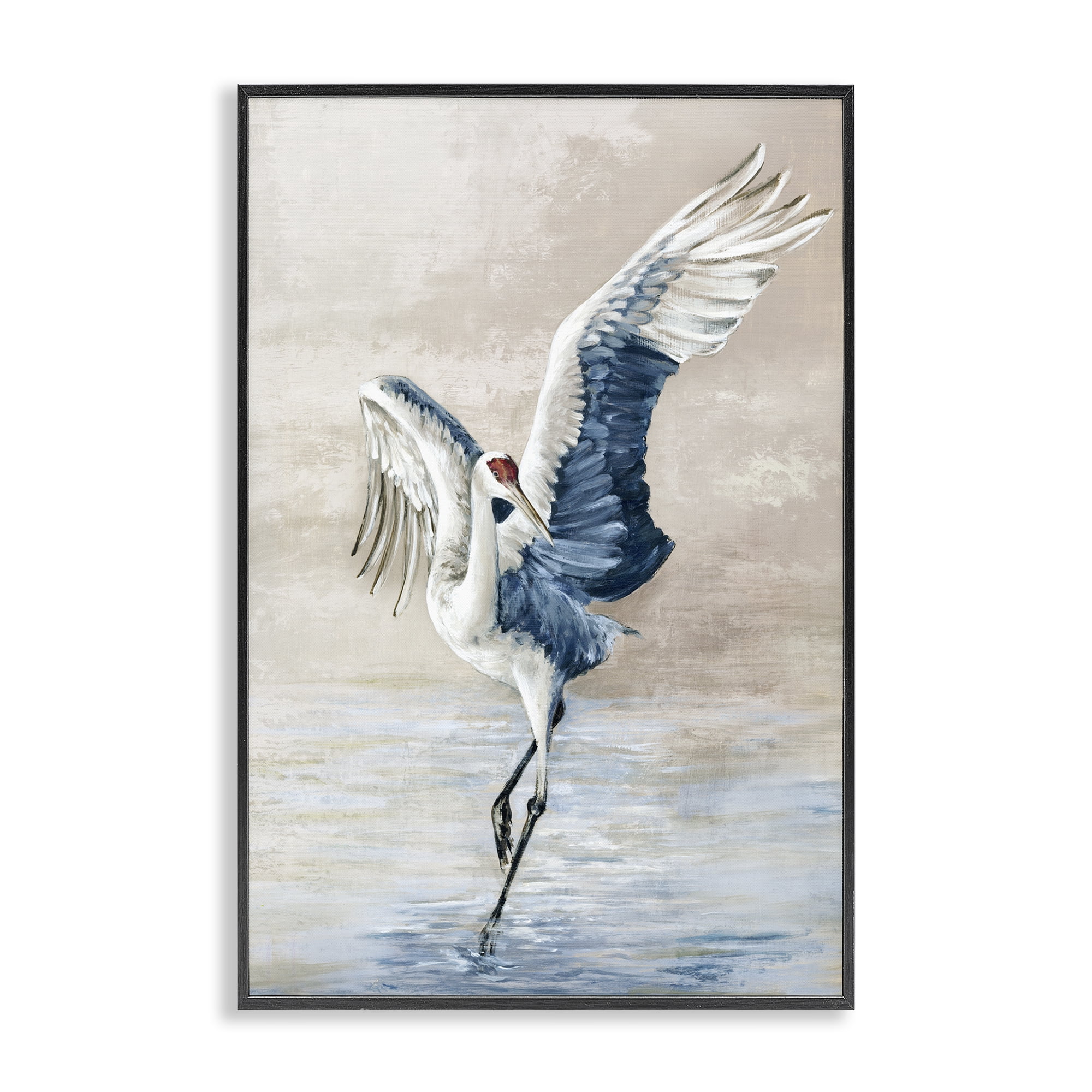 Stupell Industries Dancing Crane on Shore Animals Painting Black Framed Art Print Wall Art, 16 x 24