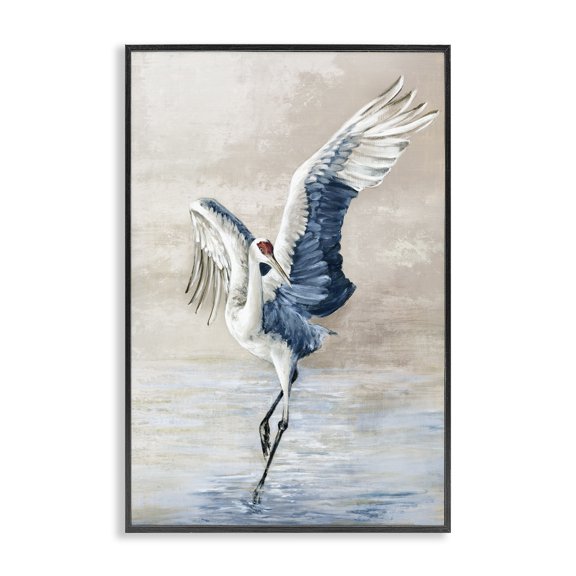 Stupell Industries Dancing Crane on Shore Animals Painting Black Framed Art Print Wall Art, 20 x 30