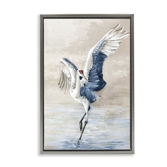 Stupell Industries Dancing Crane on Shore Animals Painting Gray Floater Framed Canvas Art Print Wall Art, 17 x 25