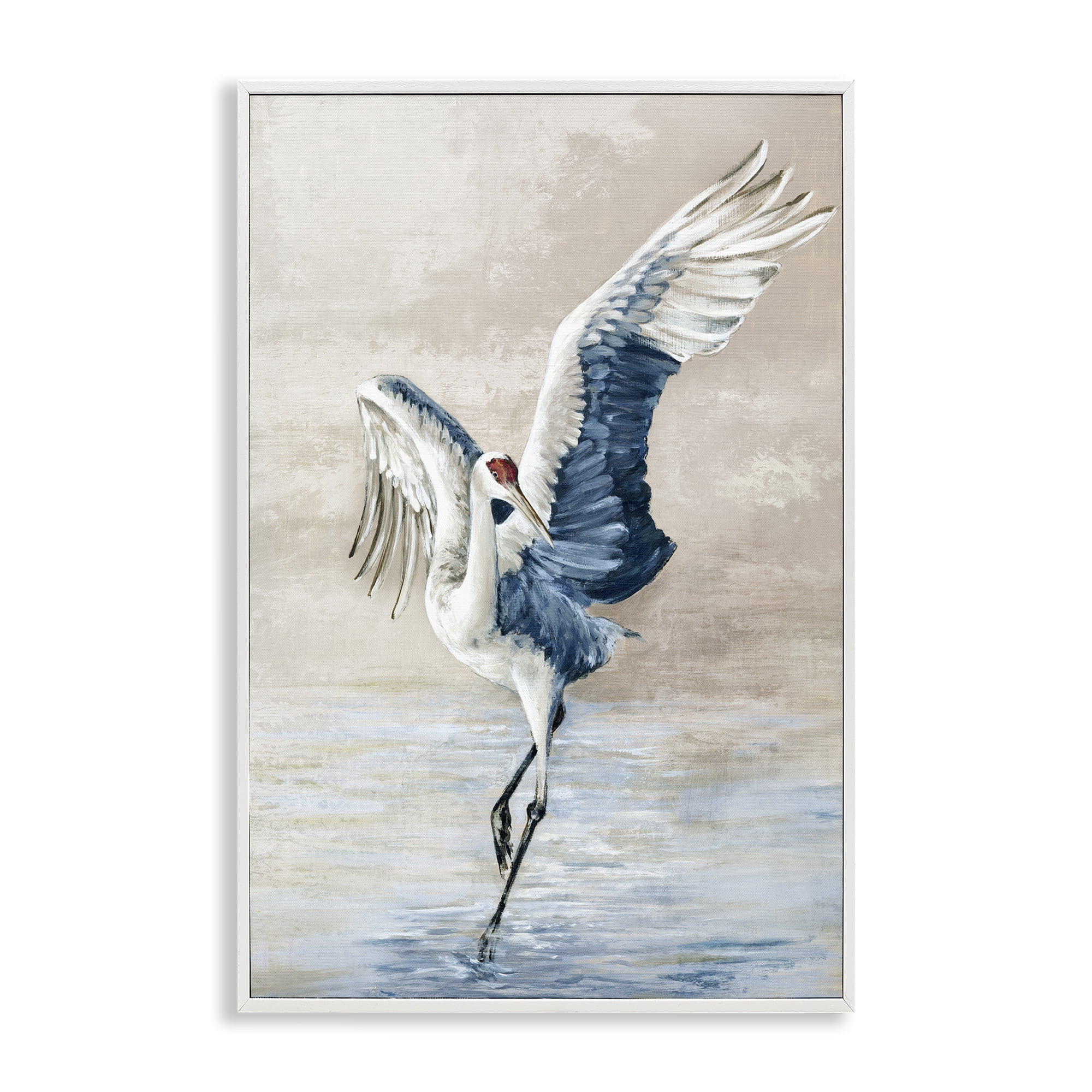 Stupell Industries Dancing Crane on Shore Animals Painting White Framed Art Print Wall Art, 12 x 18