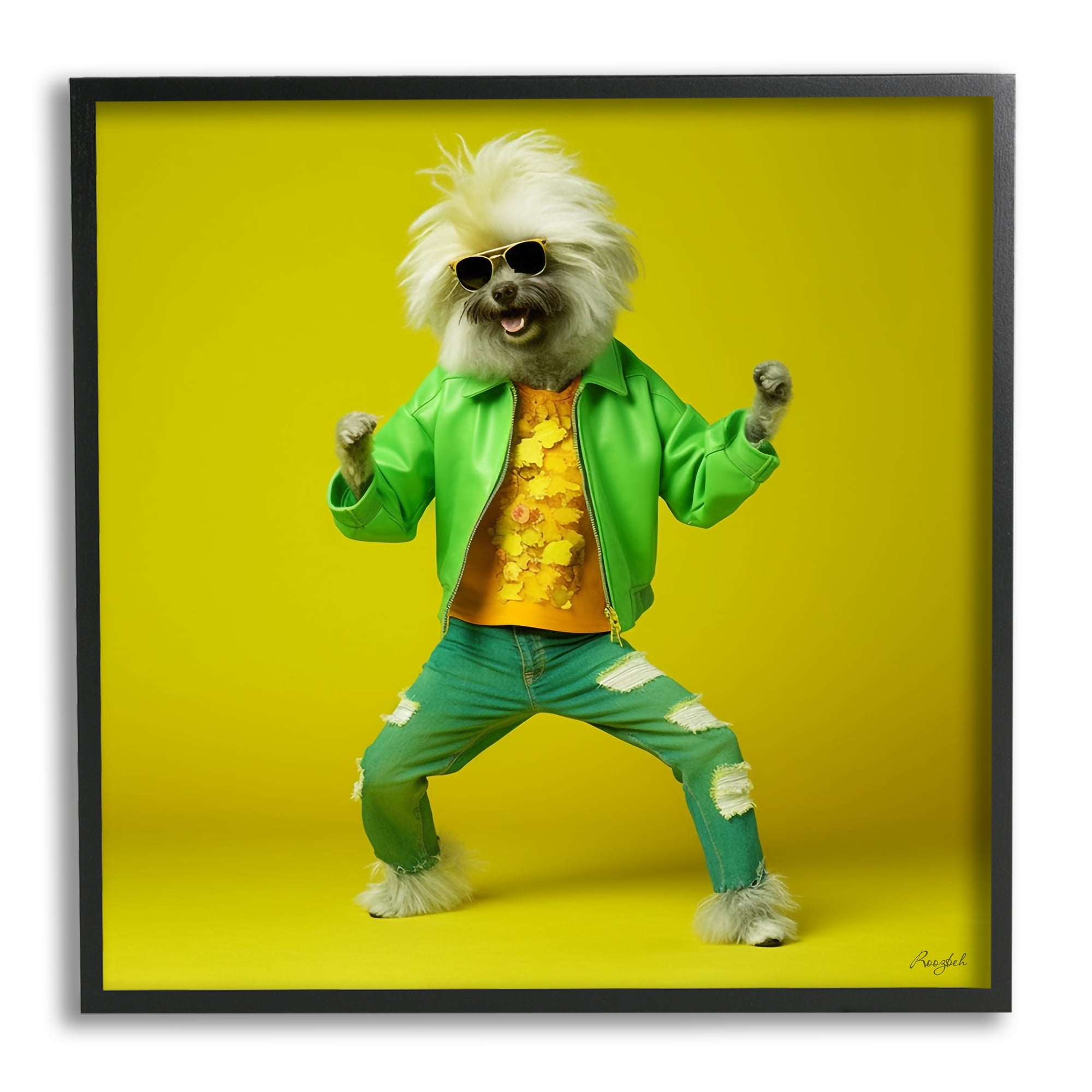 Stupell Industries Dancing Dog in Green Animals & Insects Painting Black Framed Art Print Wall Art, 12 x 12