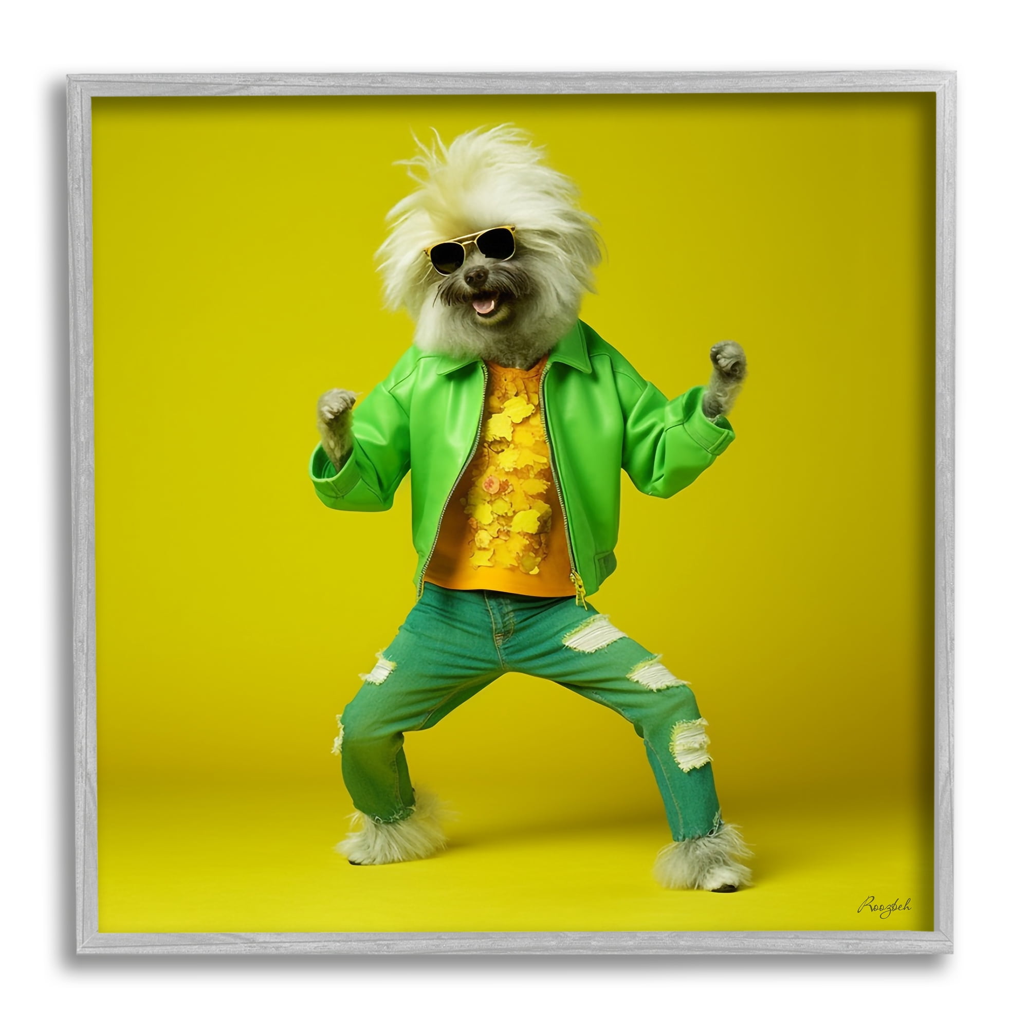 Stupell Industries Dancing Dog in Green Animals & Insects Painting Gray Framed Art Print Wall Art, 17 x 17