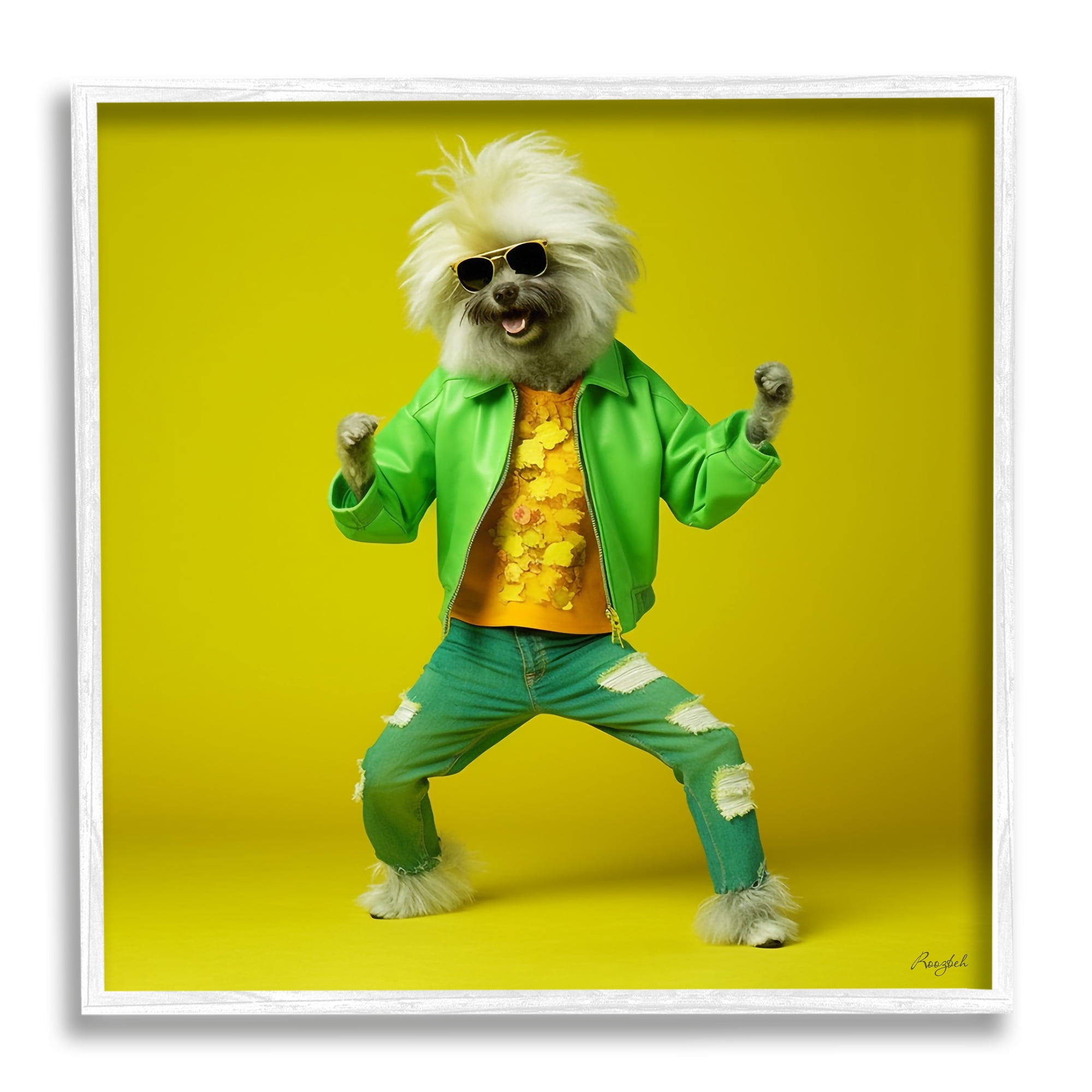 Stupell Industries Dancing Dog in Green Animals & Insects Painting White Framed Art Print Wall Art, 24 x 24