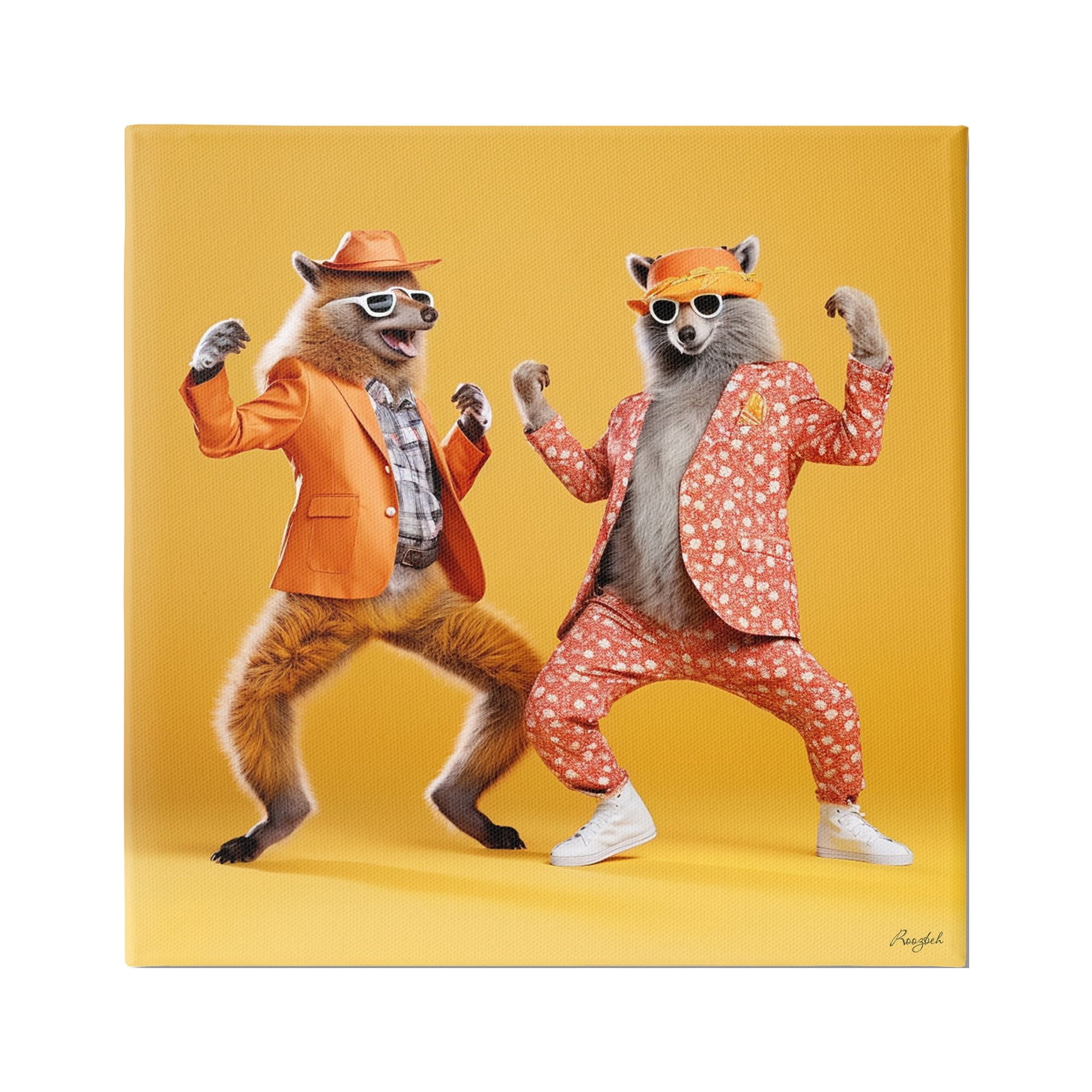 Stupell Industries Dancing Foxes on Yellow Animals & Insects Painting Gallery Wrapped Canvas Art Print Wall Art, 17 x 17