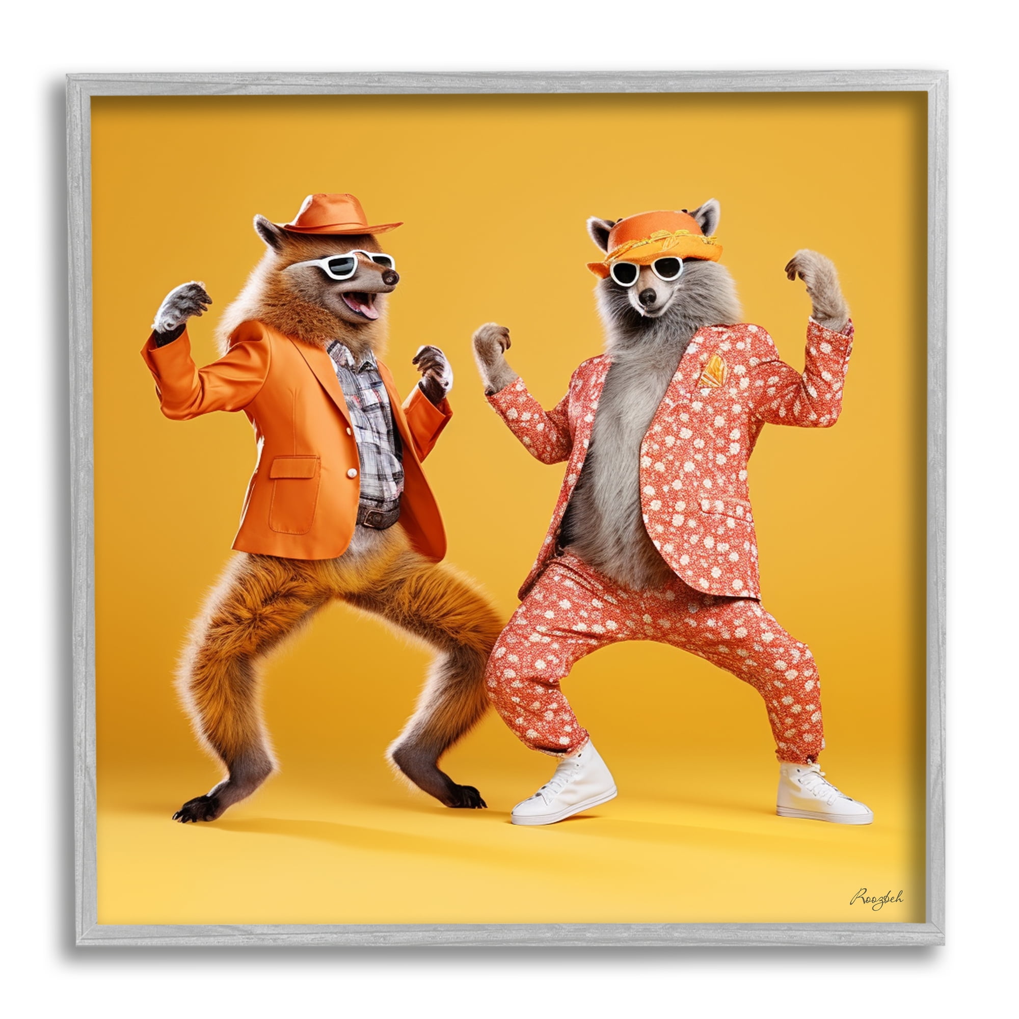 Stupell Industries Dancing Foxes on Yellow Animals & Insects Painting Gray Framed Art Print Wall Art, 12 x 12