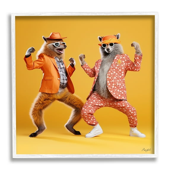 Stupell Industries Dancing Foxes on Yellow Animals & Insects Painting White Framed Art Print Wall Art, 12 x 12