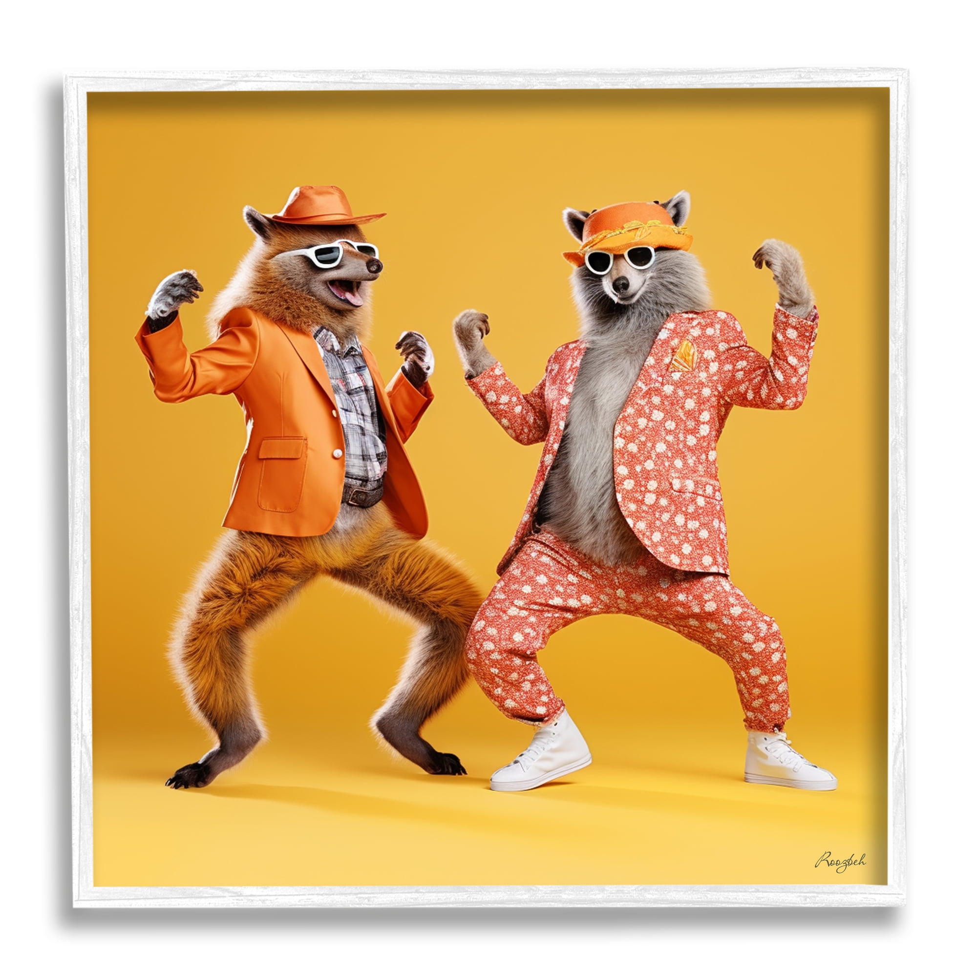 Stupell Industries Dancing Foxes on Yellow Animals & Insects Painting White Framed Art Print Wall Art, 24 x 24