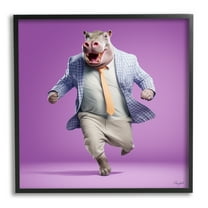 Stupell Industries Dancing Hippo on Purple Animals & Insects Painting Black Framed Art Print Wall Art, 12 x 12