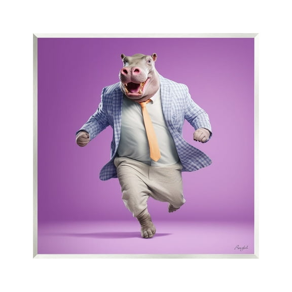 Stupell Industries Dancing Hippo on Purple Animals & Insects Painting Unframed Art Print Wall Art, 12 x 12