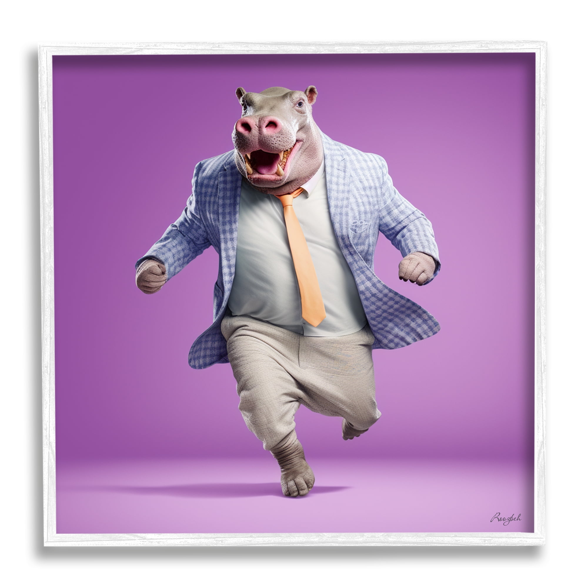 Stupell Industries Dancing Hippo on Purple Animals & Insects Painting White Framed Art Print Wall Art, 24 x 24