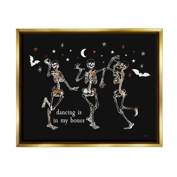 Stupell Industries Dancing In My Bones Skeletons Holiday Painting Gold Floater Framed Art Print Wall Art, 31 x 25