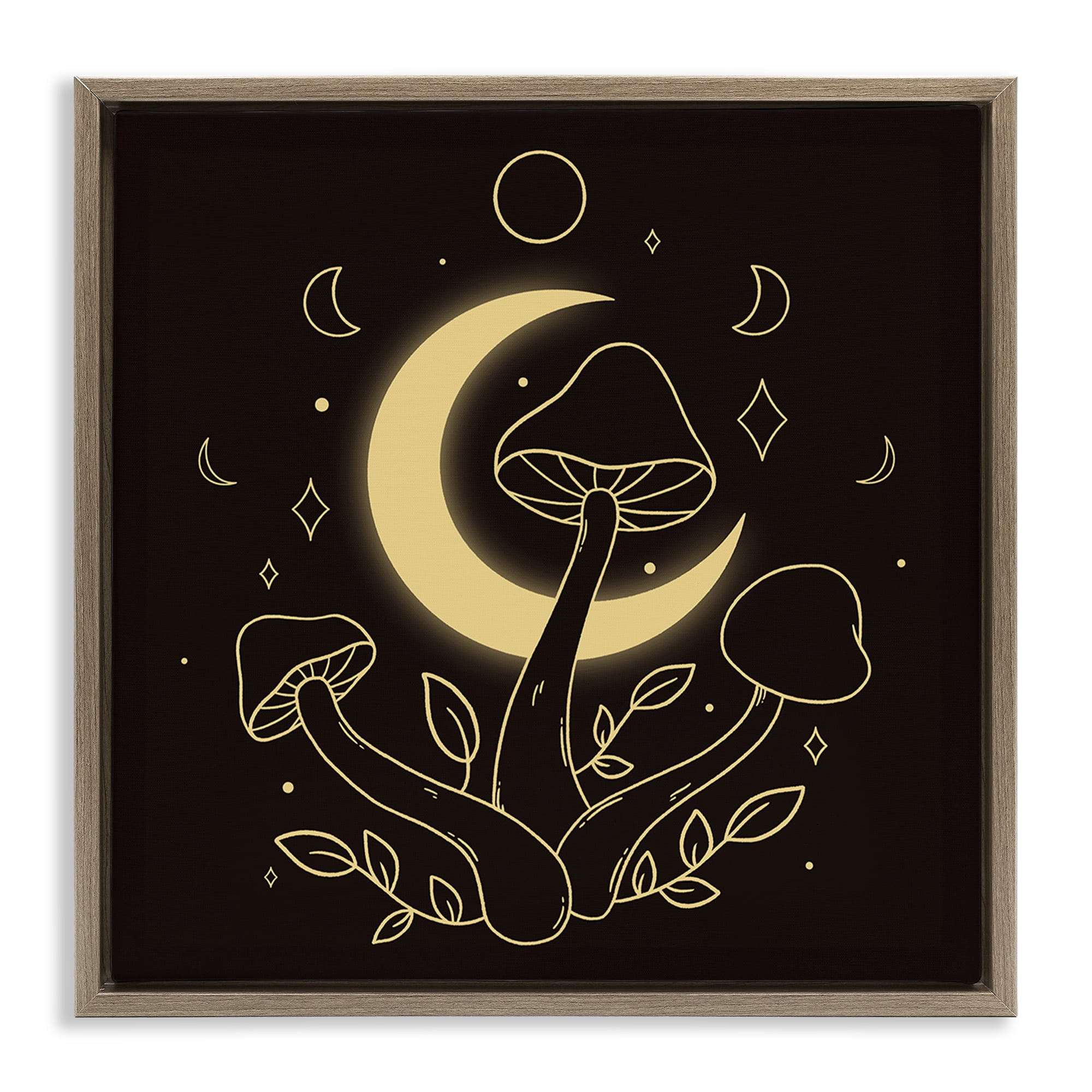 Stupell Industries Dancing Mushrooms & Moon Plants & Flowers Painting Brown Floater Framed Canvas Art Print Wall Art, 18 x 18