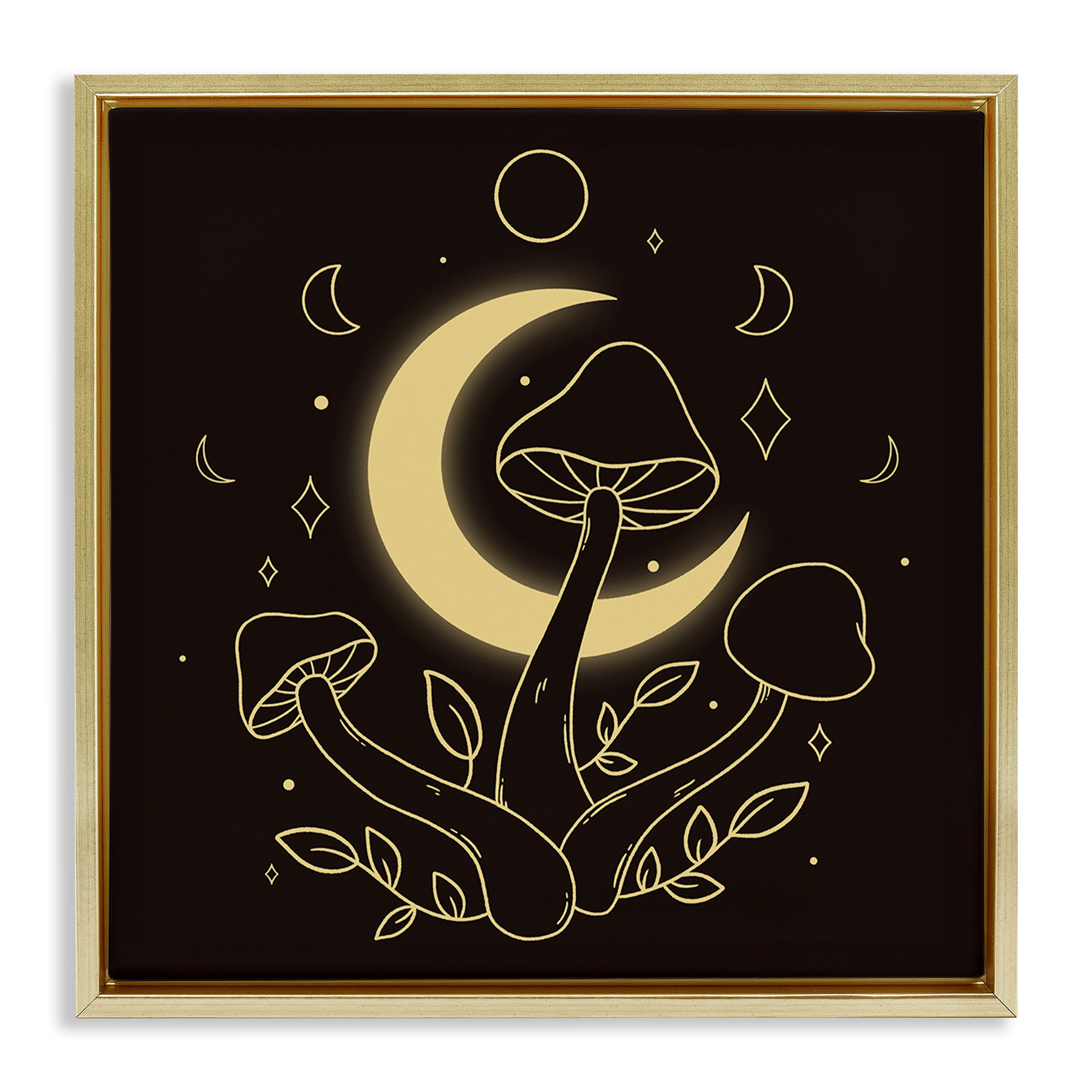 Stupell Industries Dancing Mushrooms & Moon Plants & Flowers Painting Gold Floater Framed Canvas Art Print Wall Art, 18 x 18