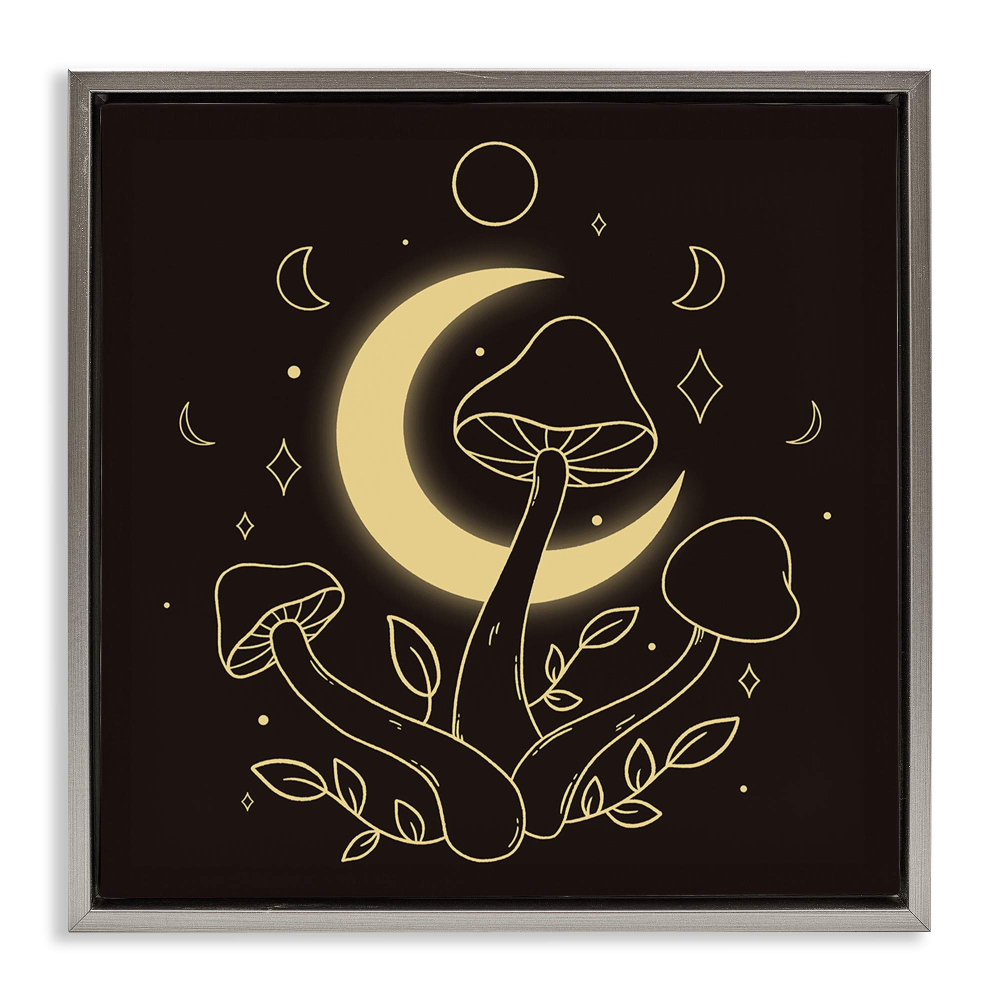 Stupell Industries Dancing Mushrooms & Moon Plants & Flowers Painting Gray Floater Framed Canvas Art Print Wall Art, 25 x 25