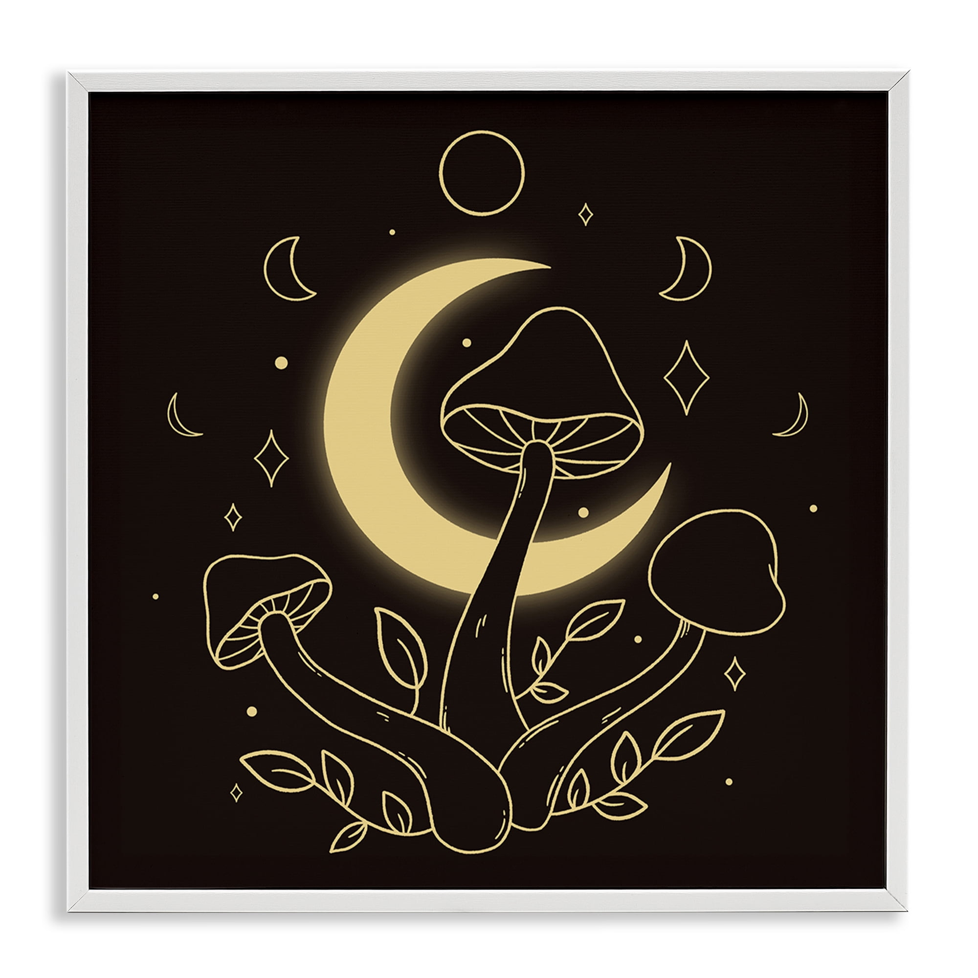Stupell Industries Dancing Mushrooms & Moon Plants & Flowers Painting White Framed Art Print Wall Art, 12 x 12