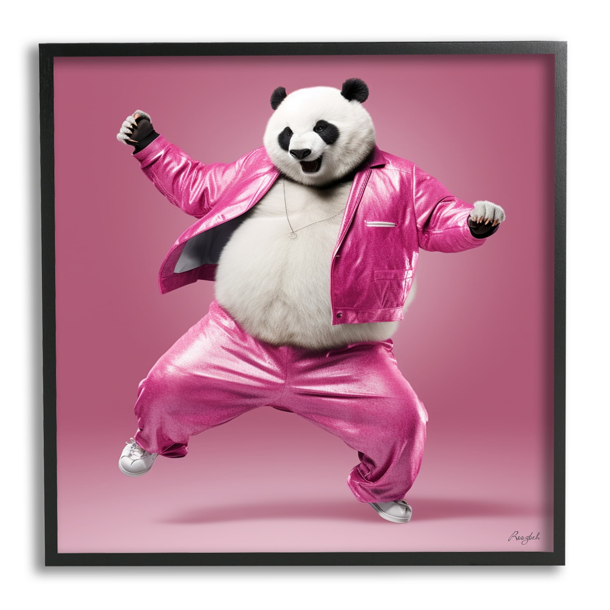 Stupell Industries Dancing Panda in Pink Animals & Insects Painting Black Framed Art Print Wall Art, 17 x 17