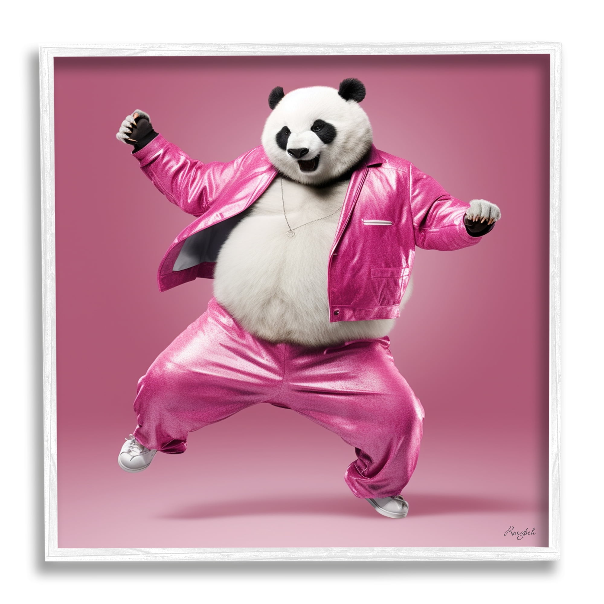 Stupell Industries Dancing Panda in Pink Animals & Insects Painting White Framed Art Print Wall Art, 17 x 17