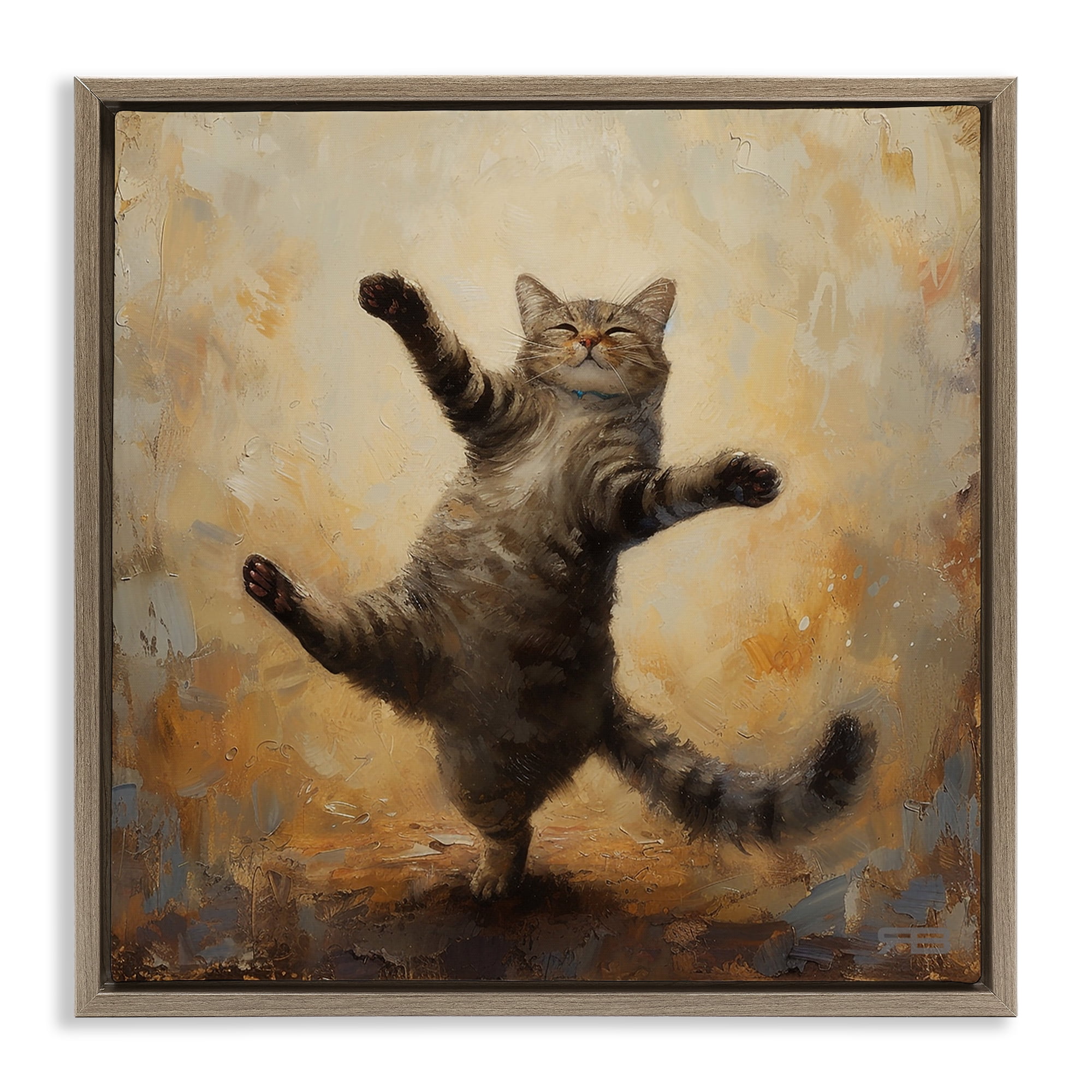 Stupell Industries Dancing Tabby Cat Animals & Insects Painting Brown Floater Framed Canvas Art Print Wall Art, 25 x 25