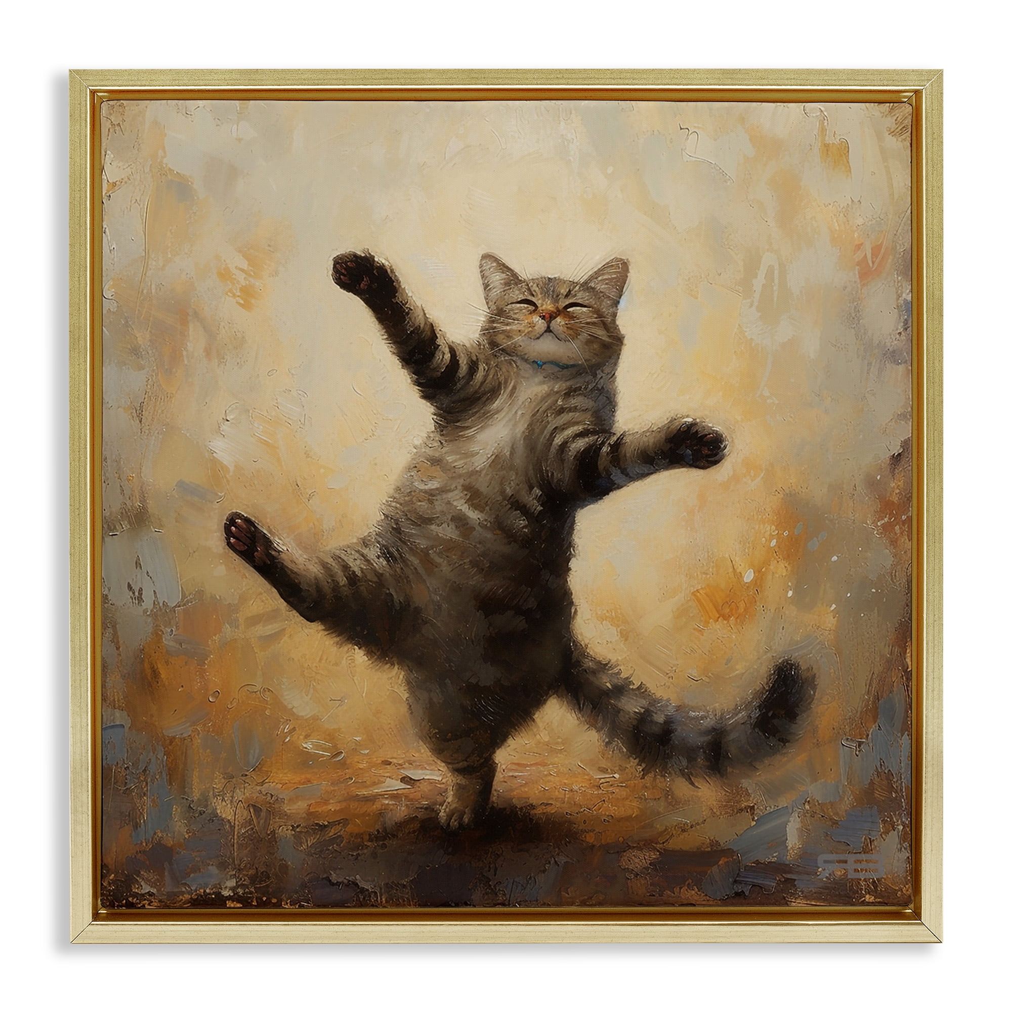 Stupell Industries Dancing Tabby Cat Animals & Insects Painting Gold Floater Framed Canvas Art Print Wall Art, 25 x 25
