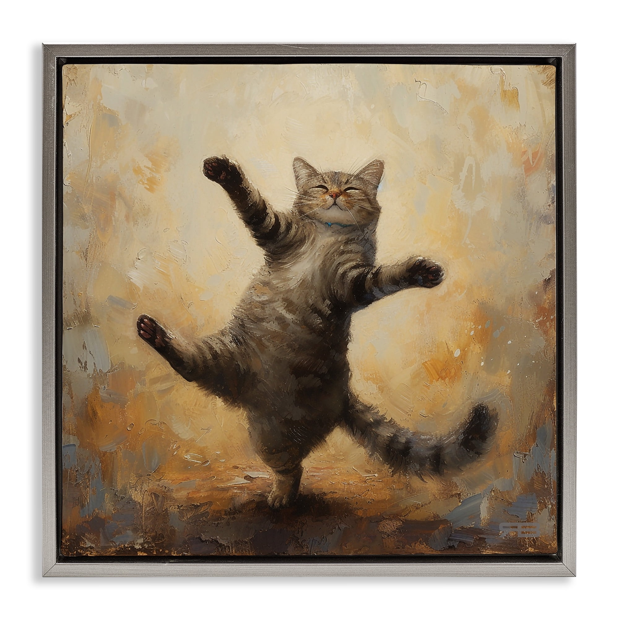 Stupell Industries Dancing Tabby Cat Animals & Insects Painting Gray Floater Framed Canvas Art Print Wall Art, 18 x 18